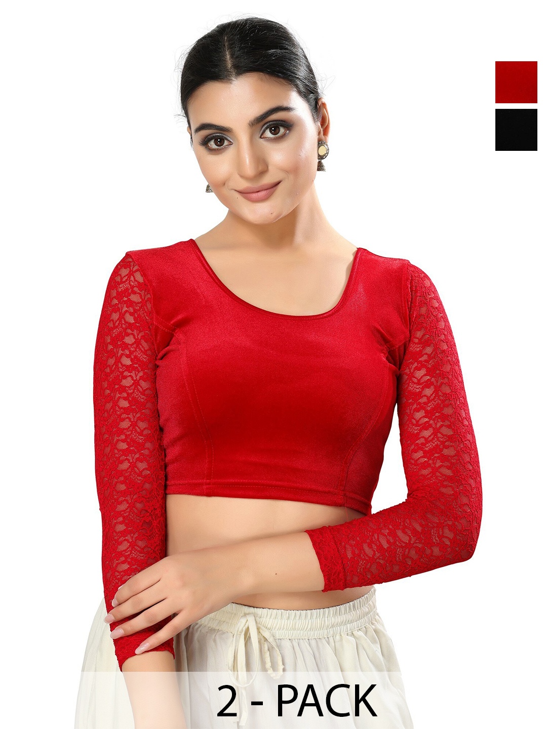 

SALWAR STUDIO Pack Of 2 Readymade Lycra Saree Blouses, Red
