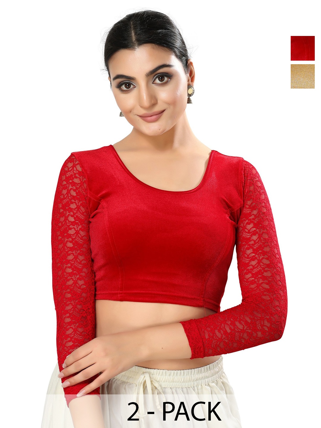 

SALWAR STUDIO Pack Of 2 Readymade Lycra Saree Blouses, Red