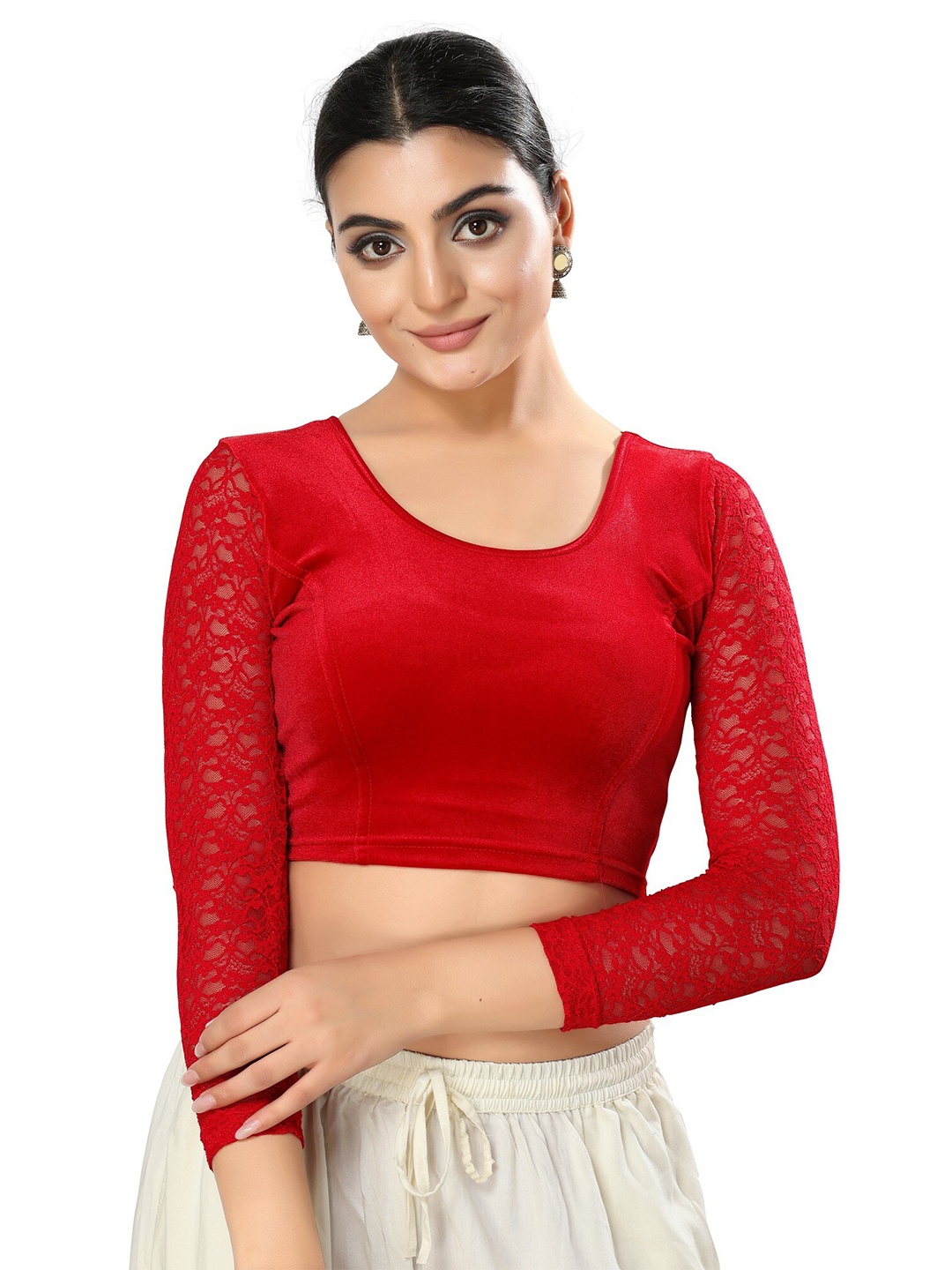 

SALWAR STUDIO Pack Of 2 Readymade Lycra Saree Blouses, Red
