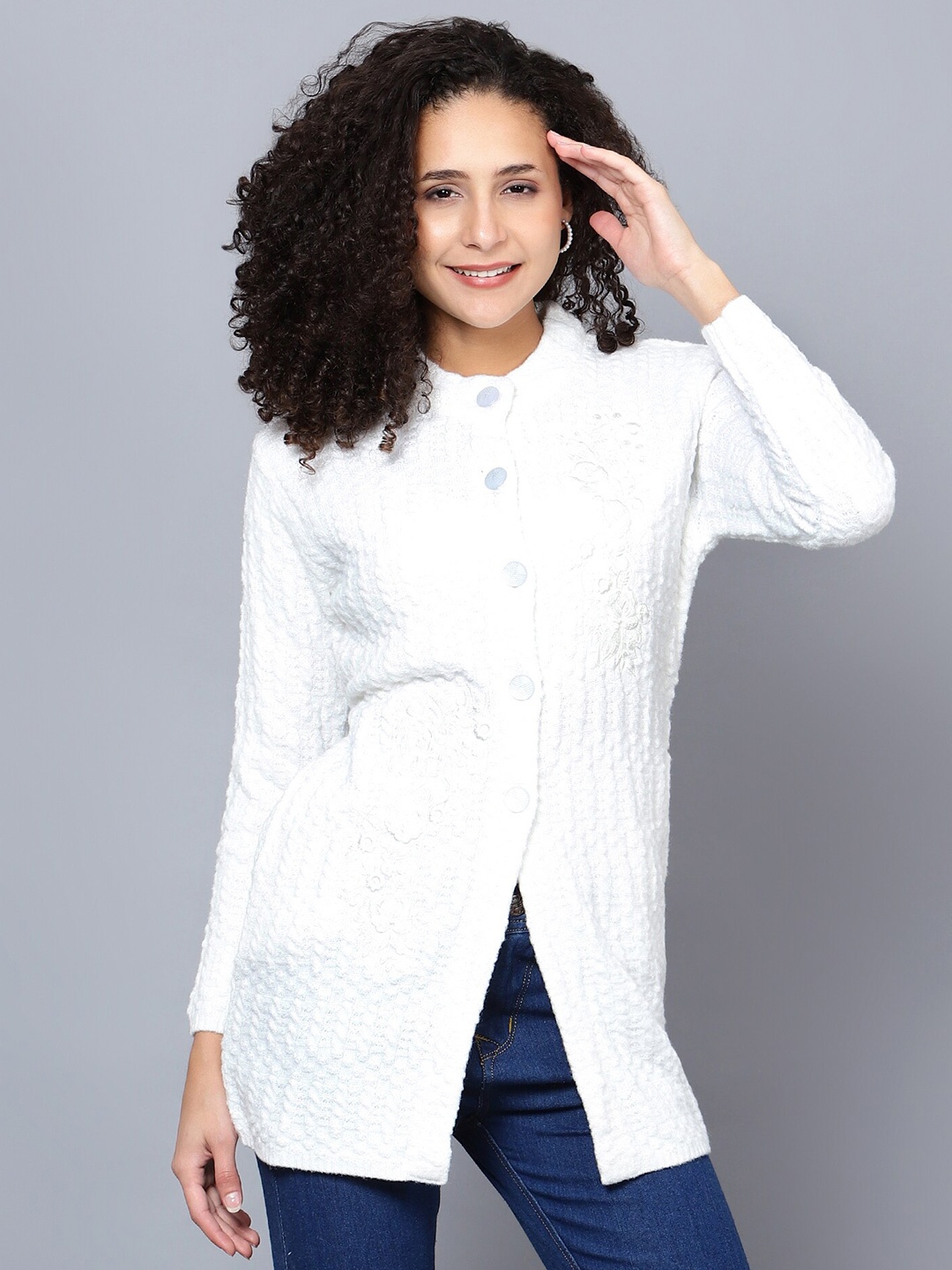 

Chemistry Cable Knit Self Design Embroidered Woollen Longline Cardigan Sweater, White