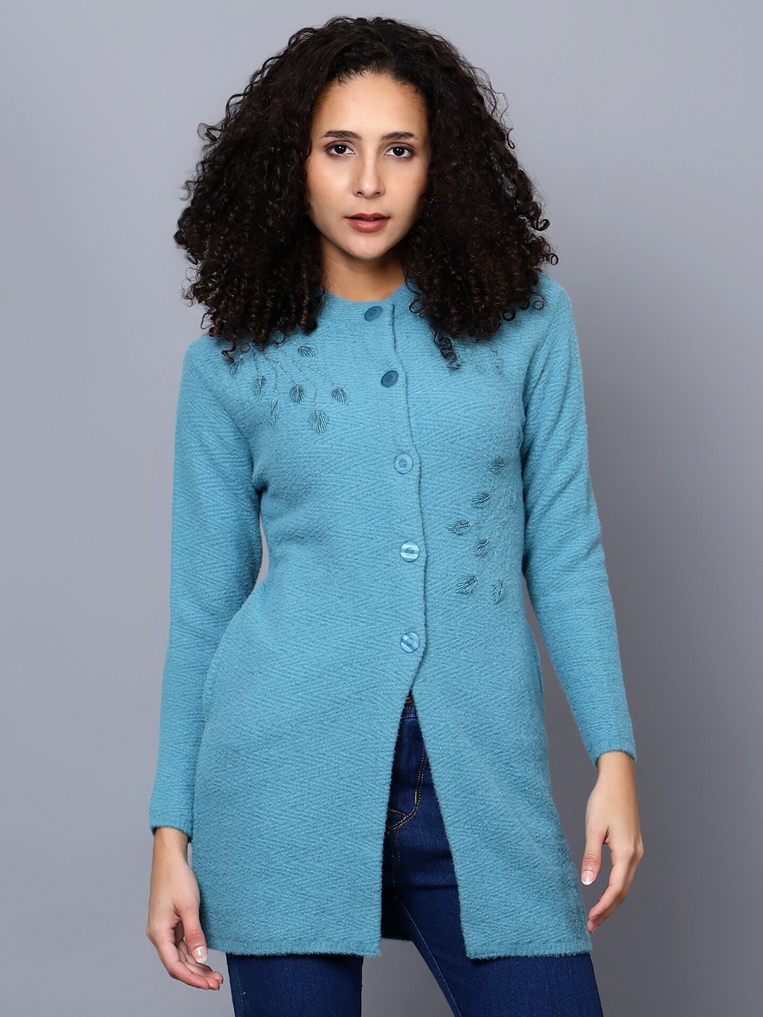 

Chemistry Floral Embroidered Woollen Longline Cardigan Sweater, Blue