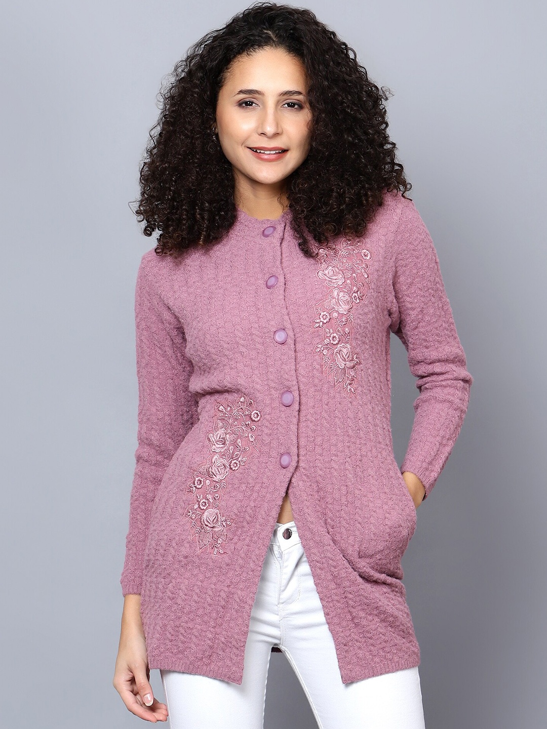 

Chemistry Floral Embroidered Woollen Longline Cardigan Sweater, Purple