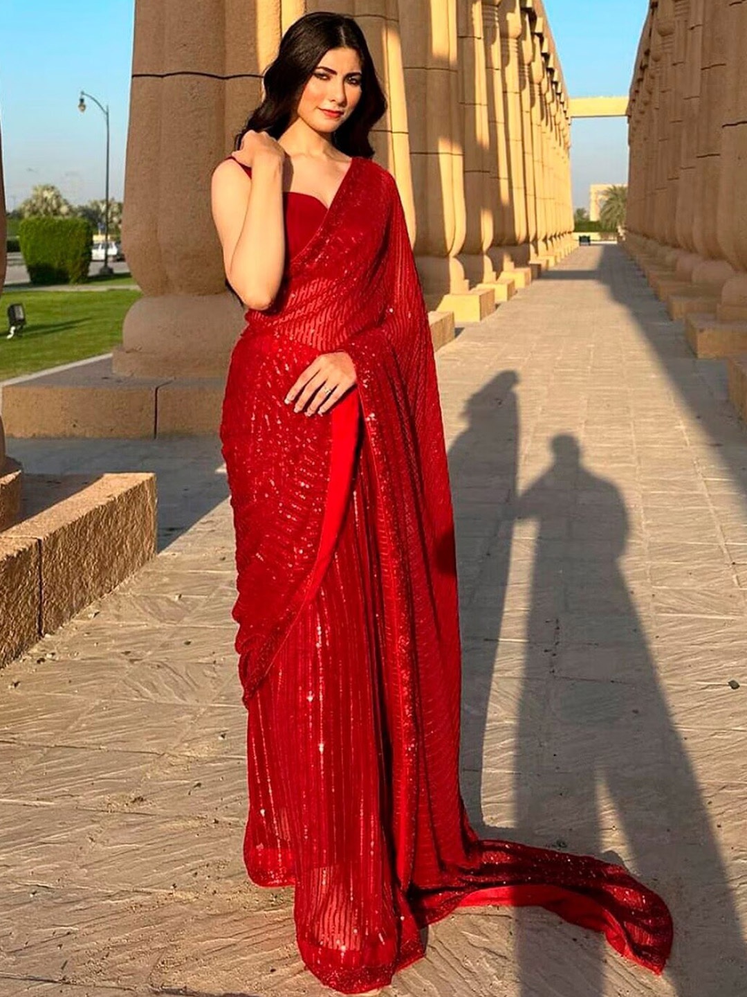 

Angroop Embellished Sequinned Pure Georgette Designer Saree, Red