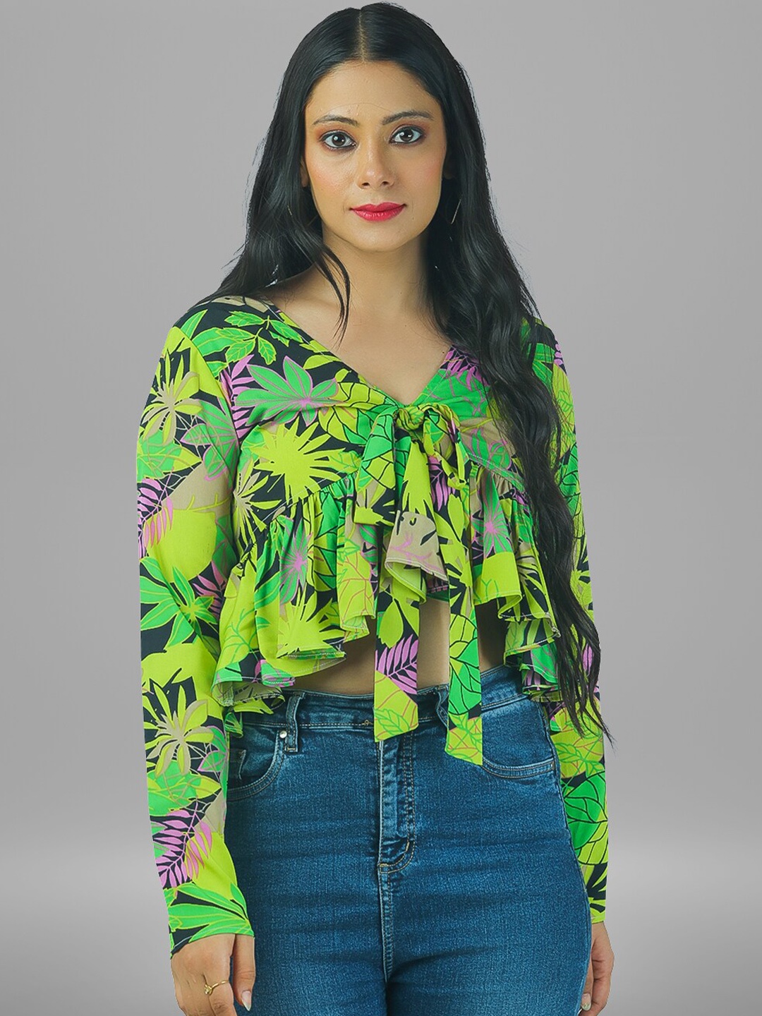 

BAESD Floral Printed Long Sleeves Tie-Up Neck, Green