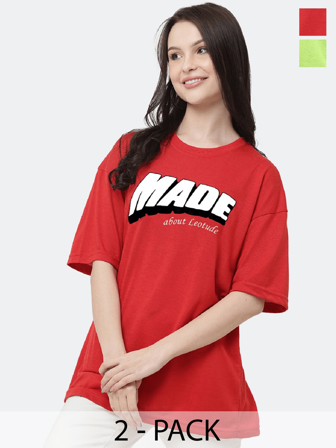 

Leotude Pack of 2 Typography Printed Oversized Round Neck T-Shirts, Red