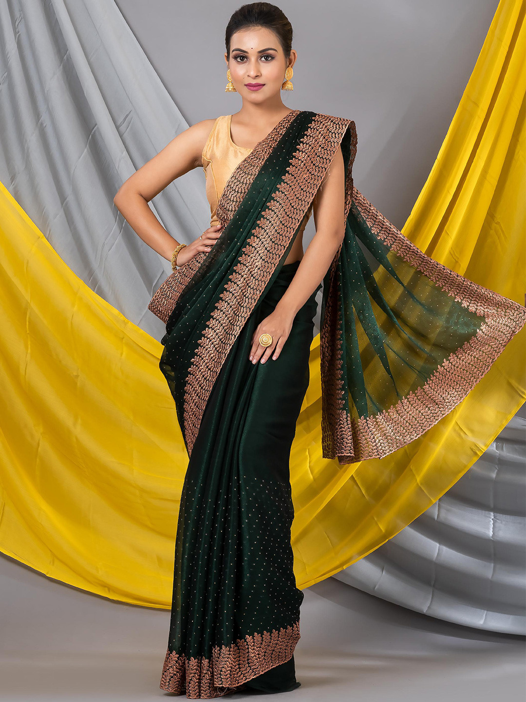 

MAHALASA Zari Embroidered Organza Saree, Olive