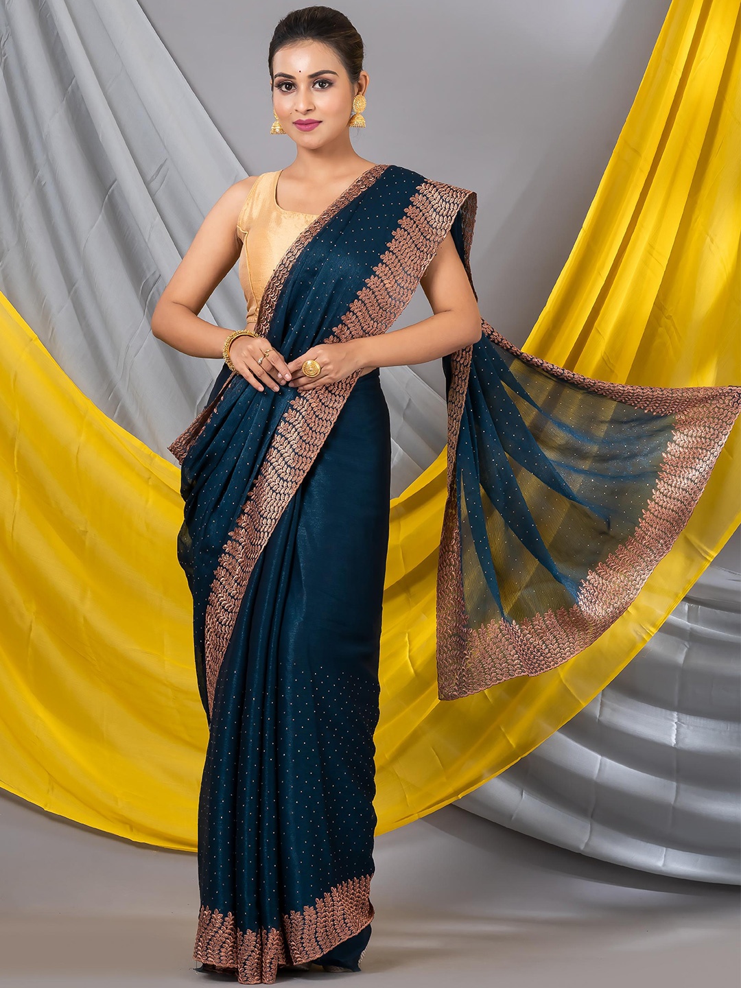 

MAHALASA Embellished Embroidered Organza Designer Saree, Teal