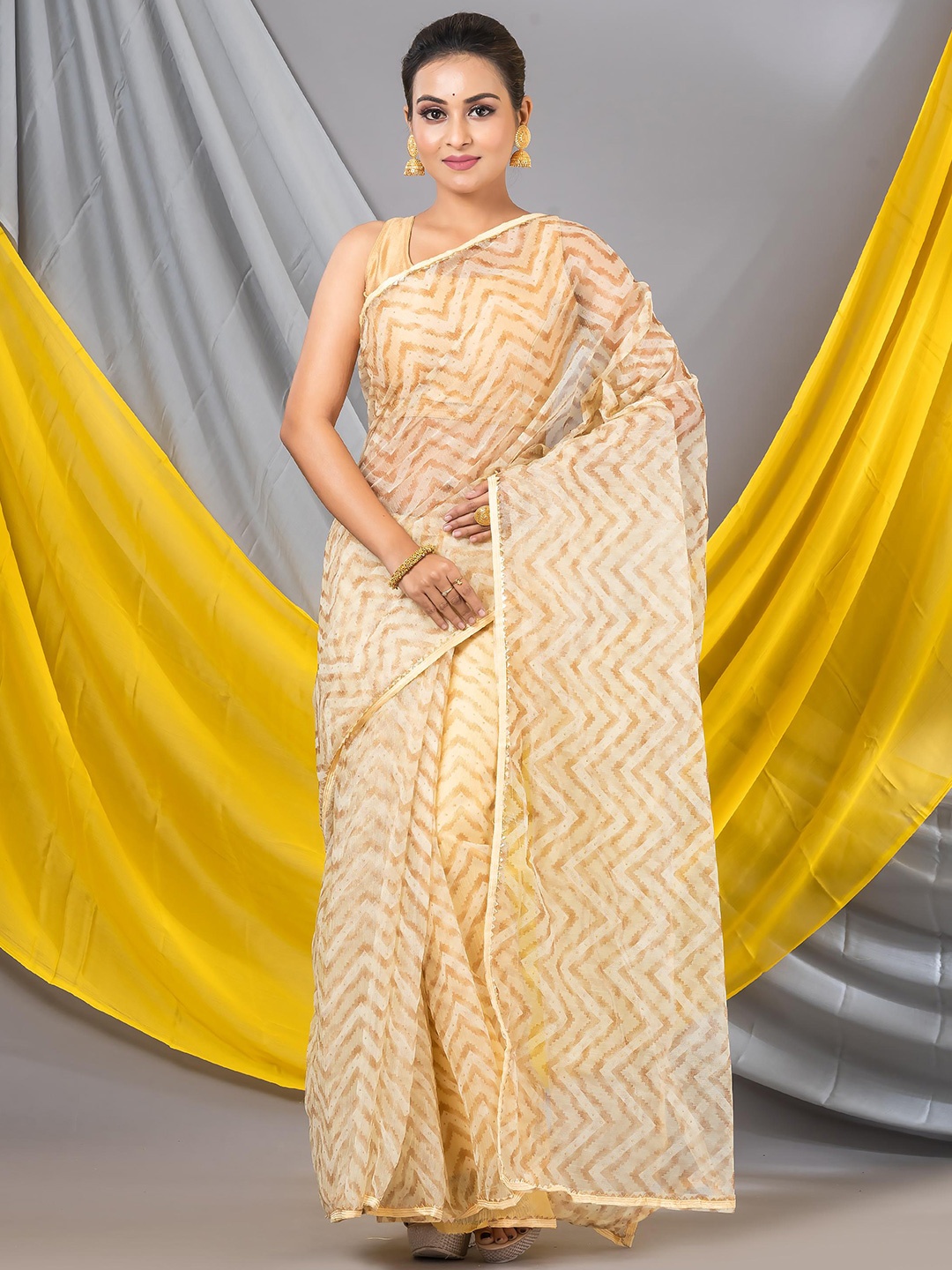 

MAHALASA Embroidered Tissue Saree, Beige