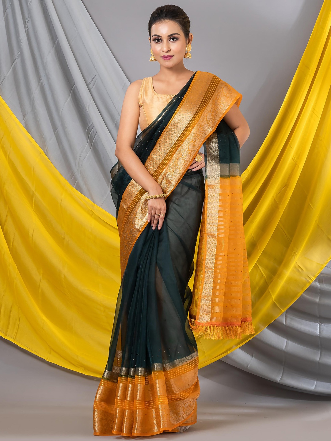 MAHALASA Embellished Embroidered Organza Designer Saree, Olive