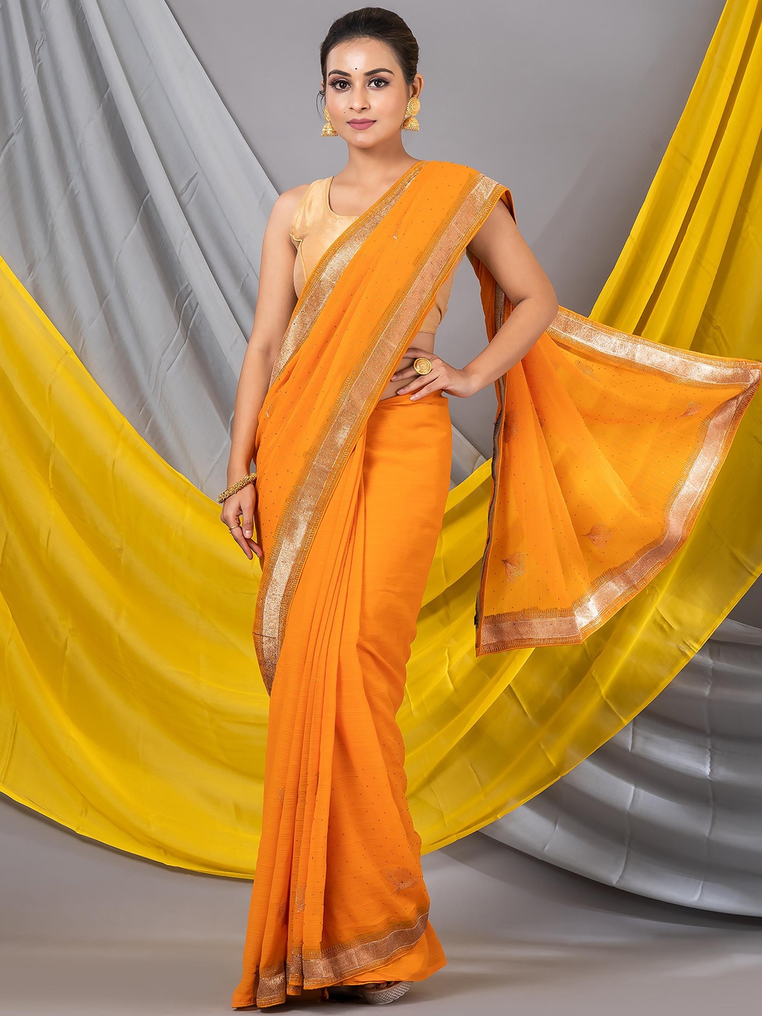 

MAHALASA Embellished Embroidered Pure Georgette Designer Saree, Yellow