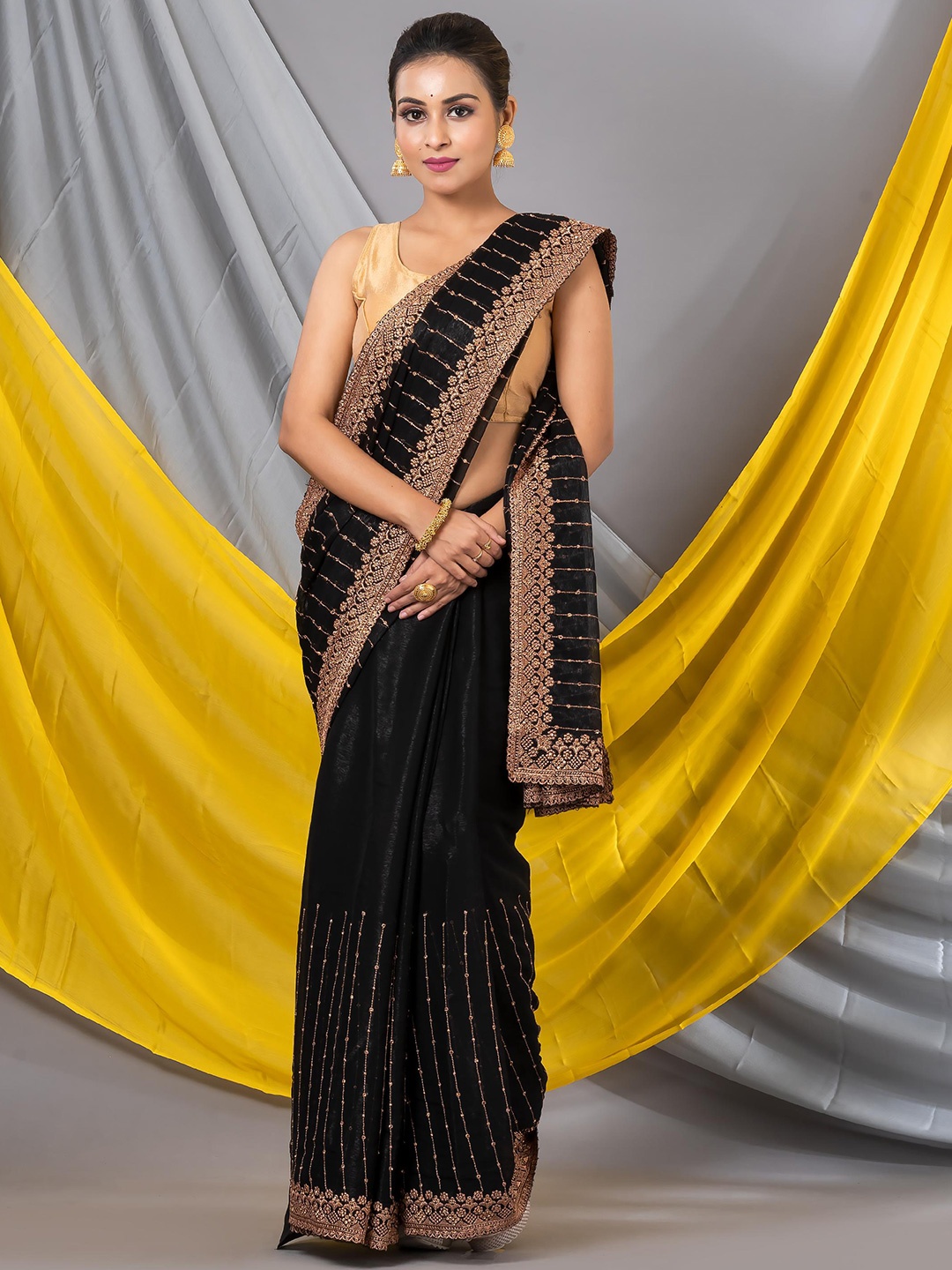 

MAHALASA Embellished Embroidered Organza Designer Saree, Black