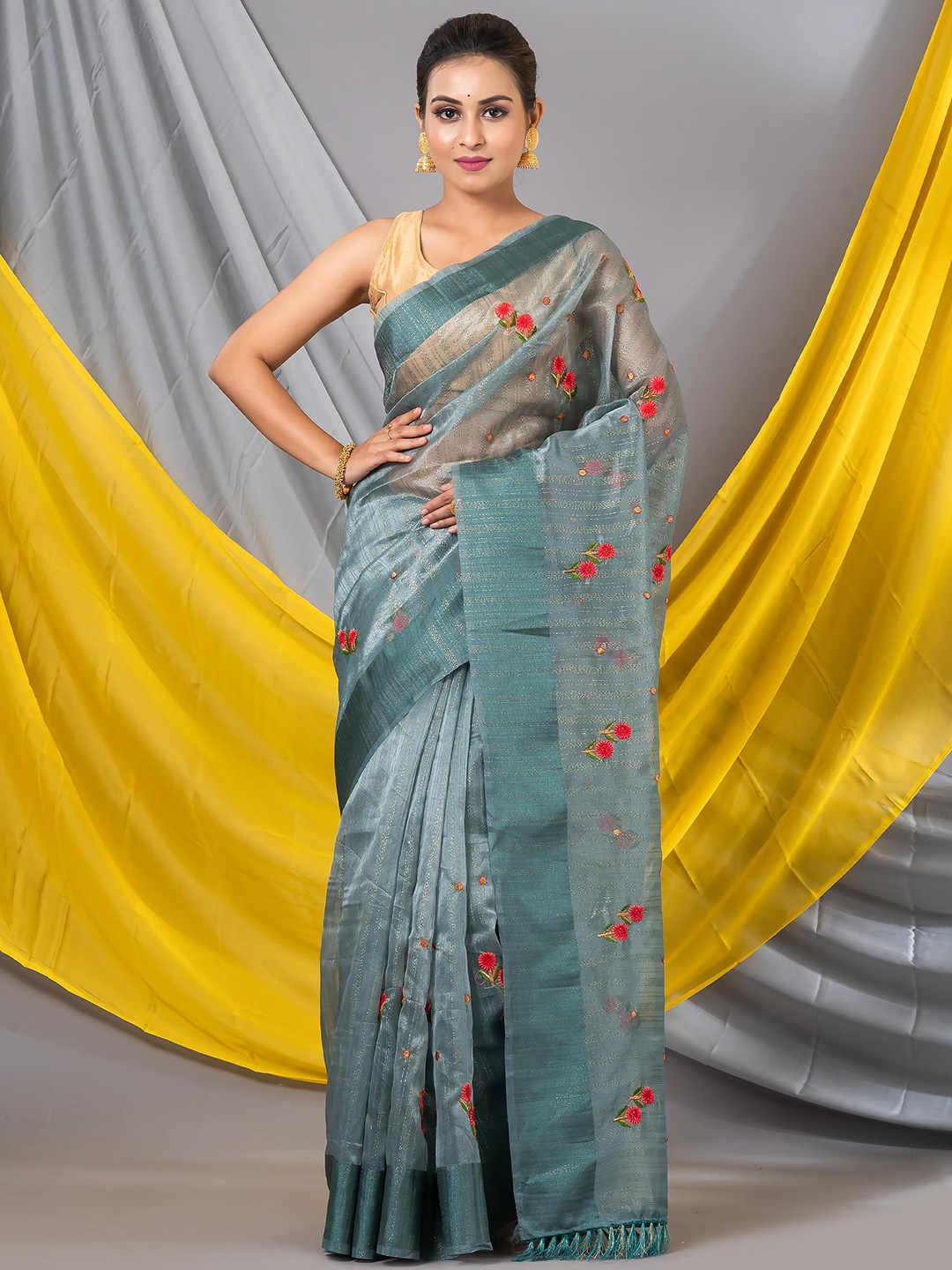 

MAHALASA Embellished Embroidered Pure Chiffon Designer Saree, Teal