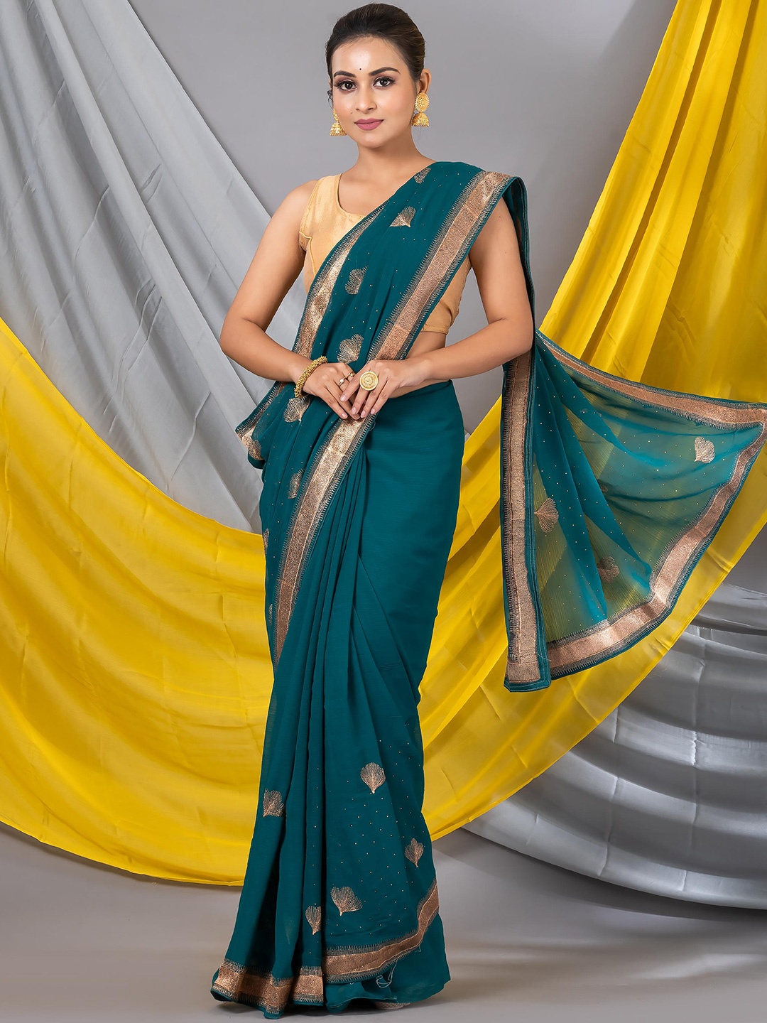 

MAHALASA Embellished Embroidered Pure Georgette Designer Saree, Green