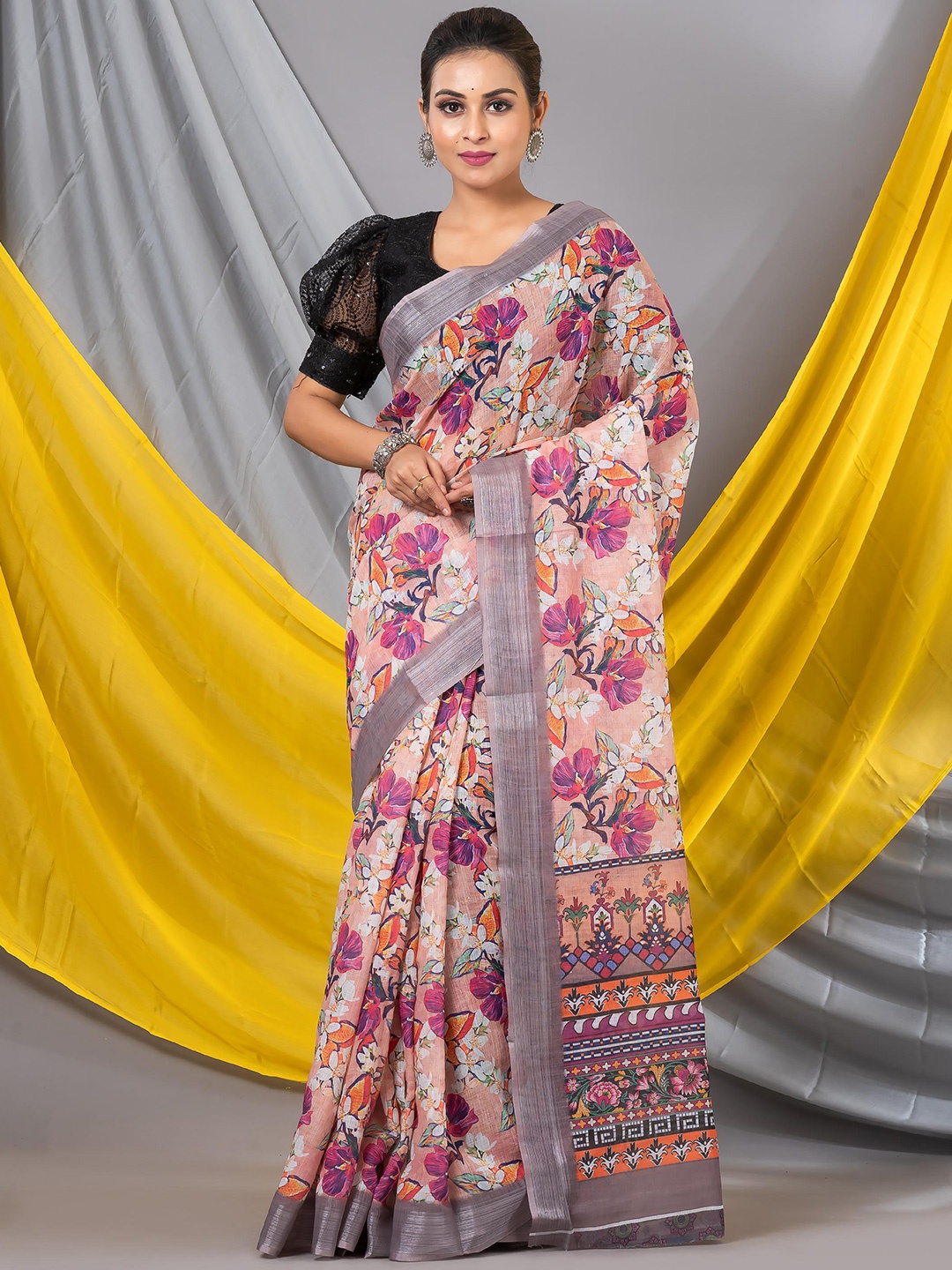 

MAHALASA Floral Printed Designer Saree, Peach