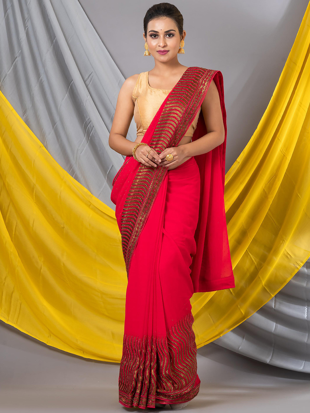 

MAHALASA Embellished Embroidered Pure Georgette Designer Saree, Red