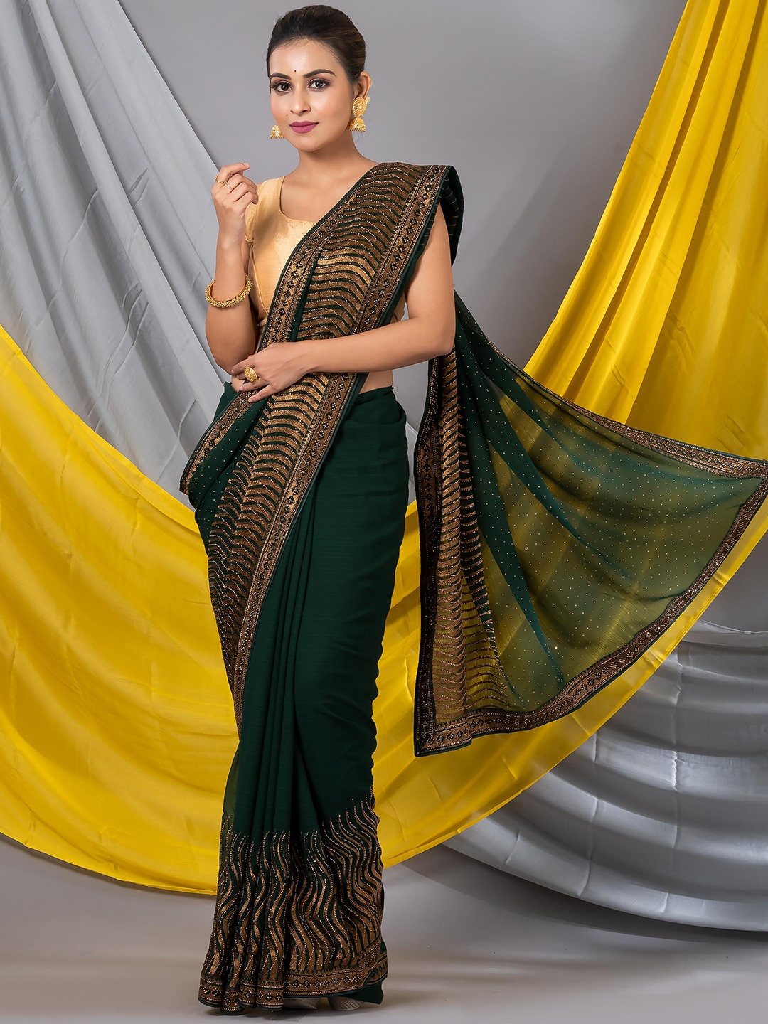 

MAHALASA Embellished Embroidered Pure Georgette Designer Saree, Olive
