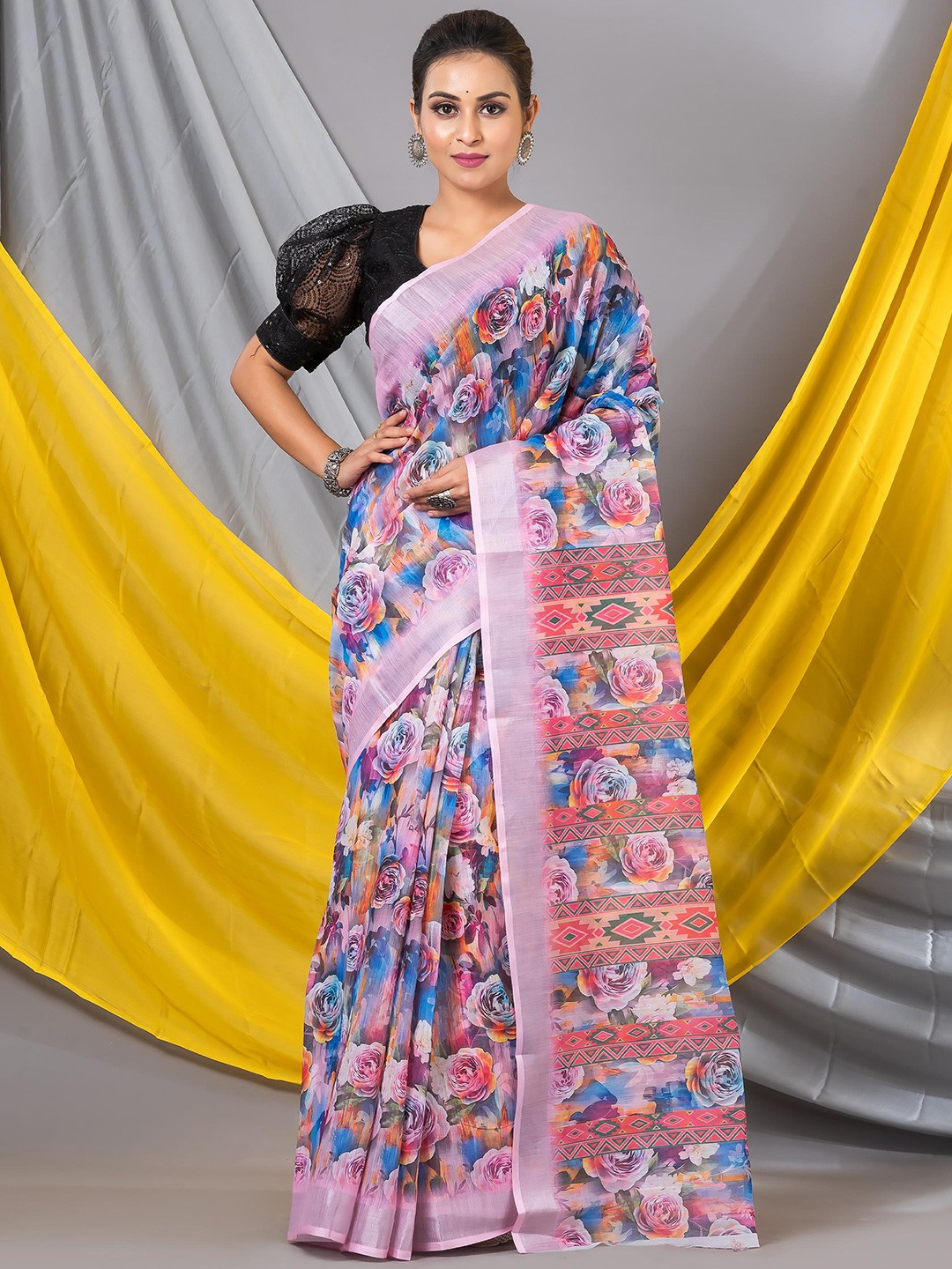

MAHALASA Floral Printed Designer Saree, Pink
