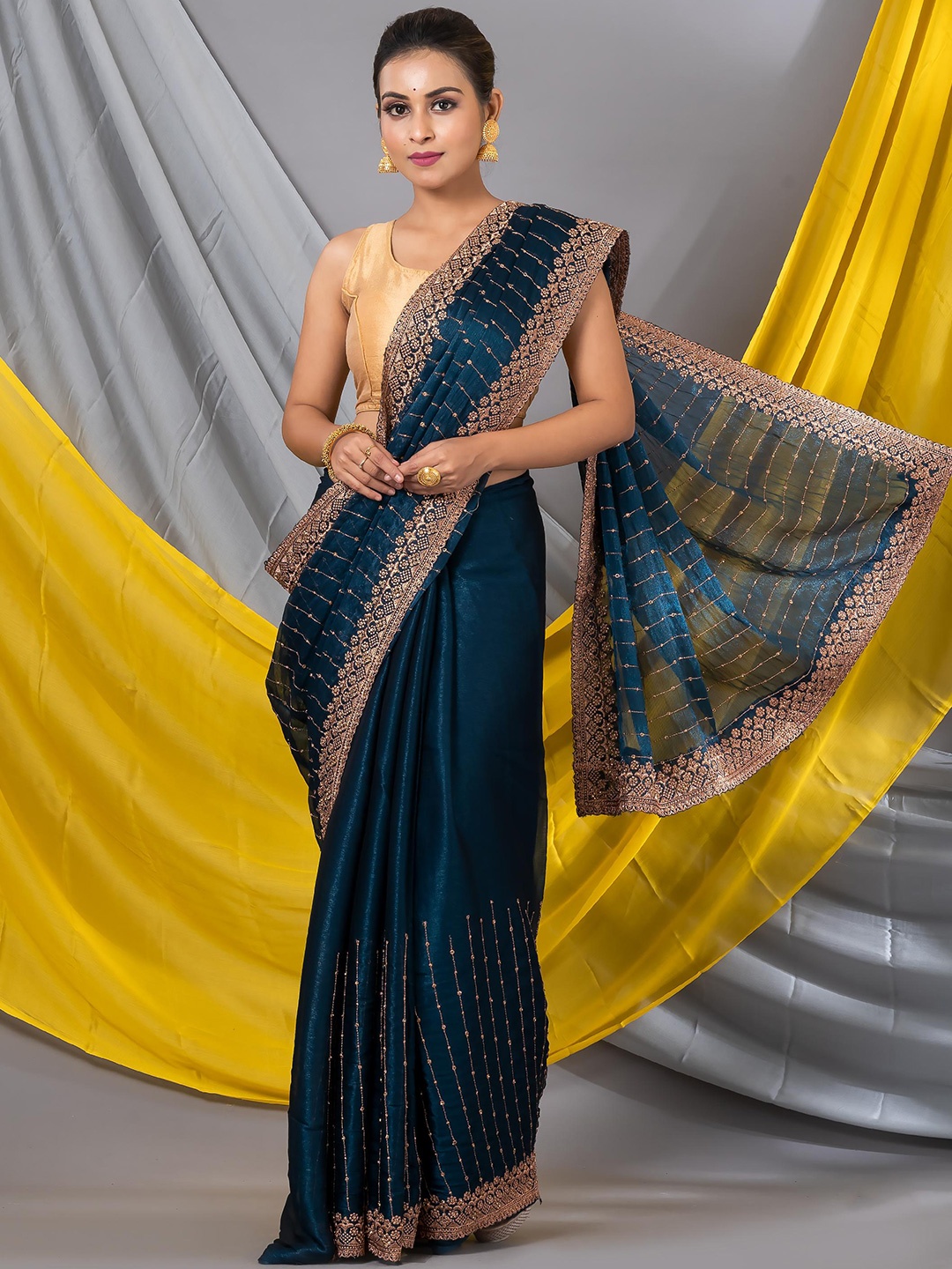 

MAHALASA Embellished Embroidered Organza Designer Saree, Teal