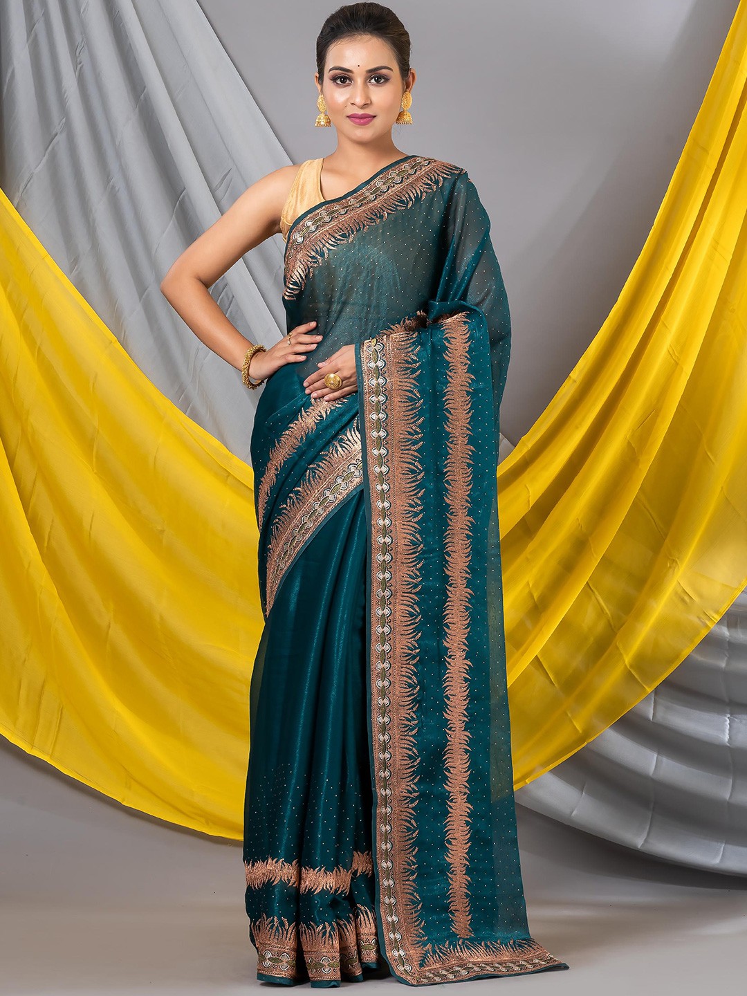 

MAHALASA Embellished Embroidered Organza Designer Saree, Sea green