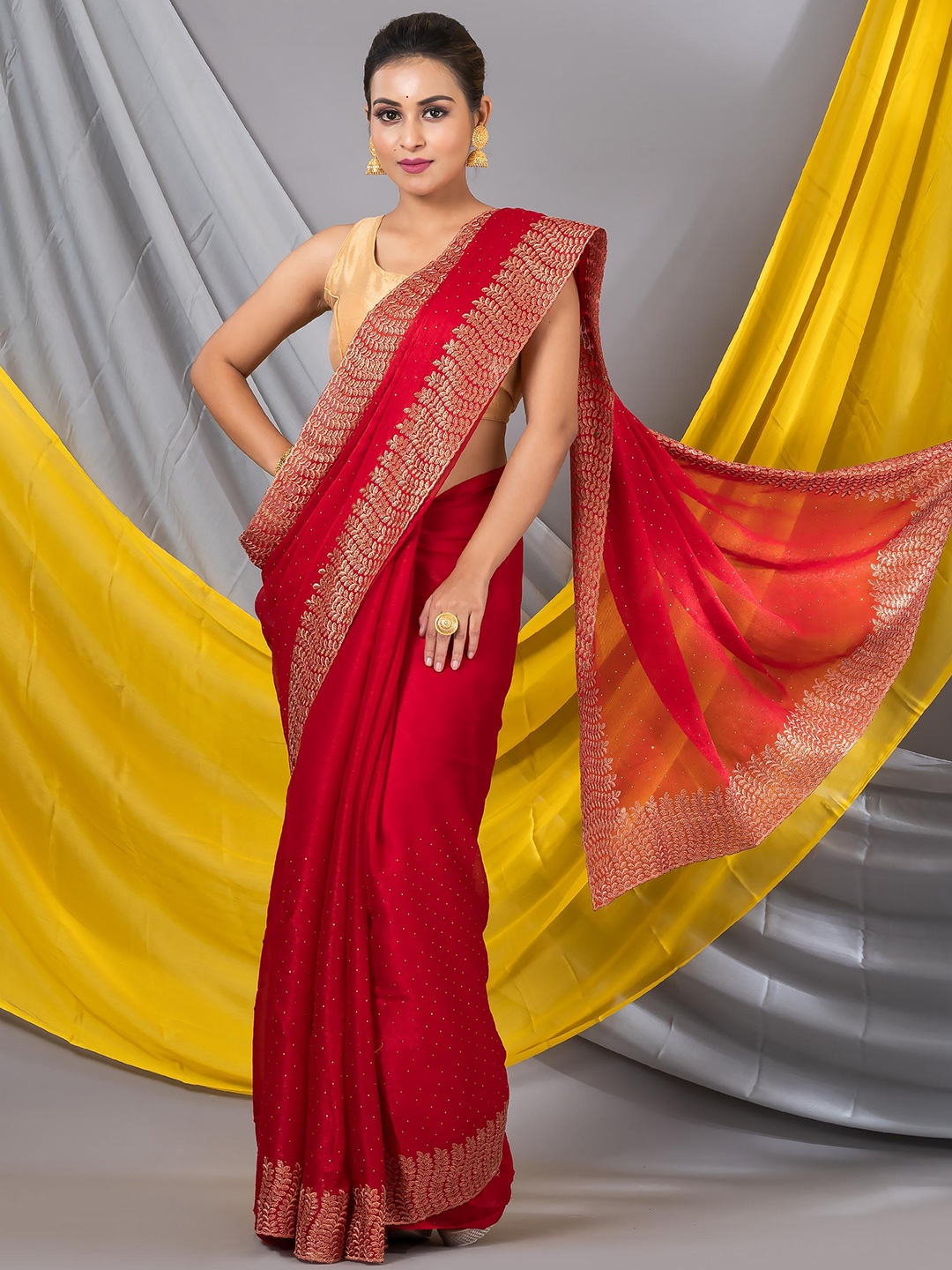 

MAHALASA Embellished Embroidered Organza Designer Saree, Red