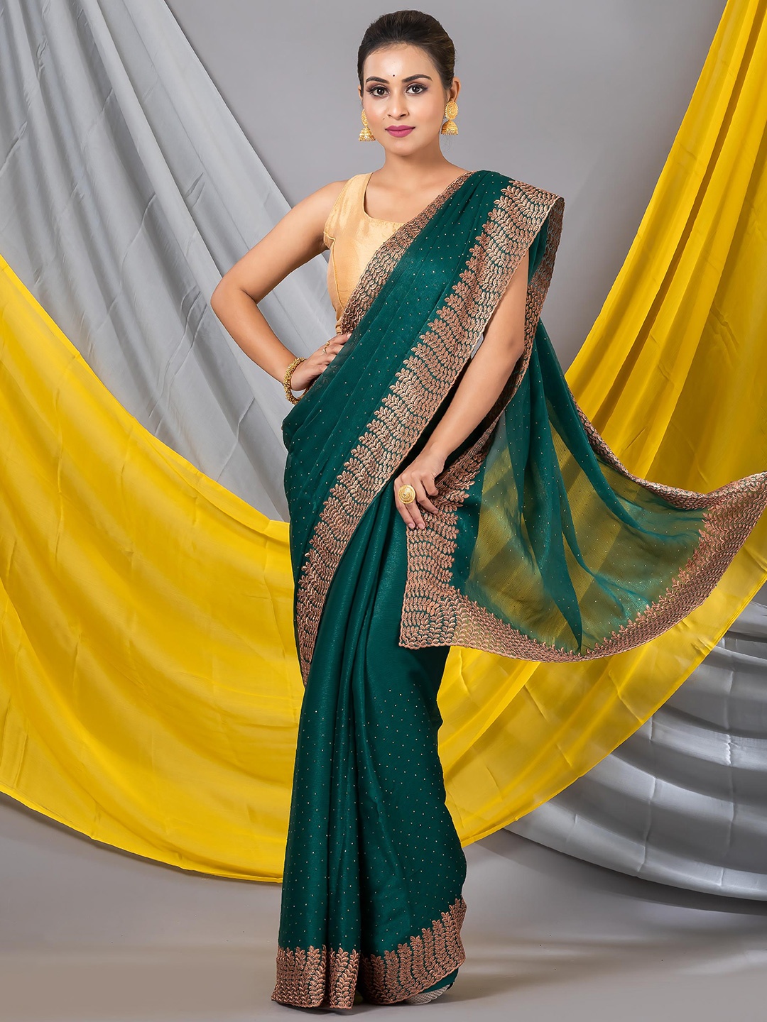 MAHALASA Olive Floral Printed Embroidered Organza Saree