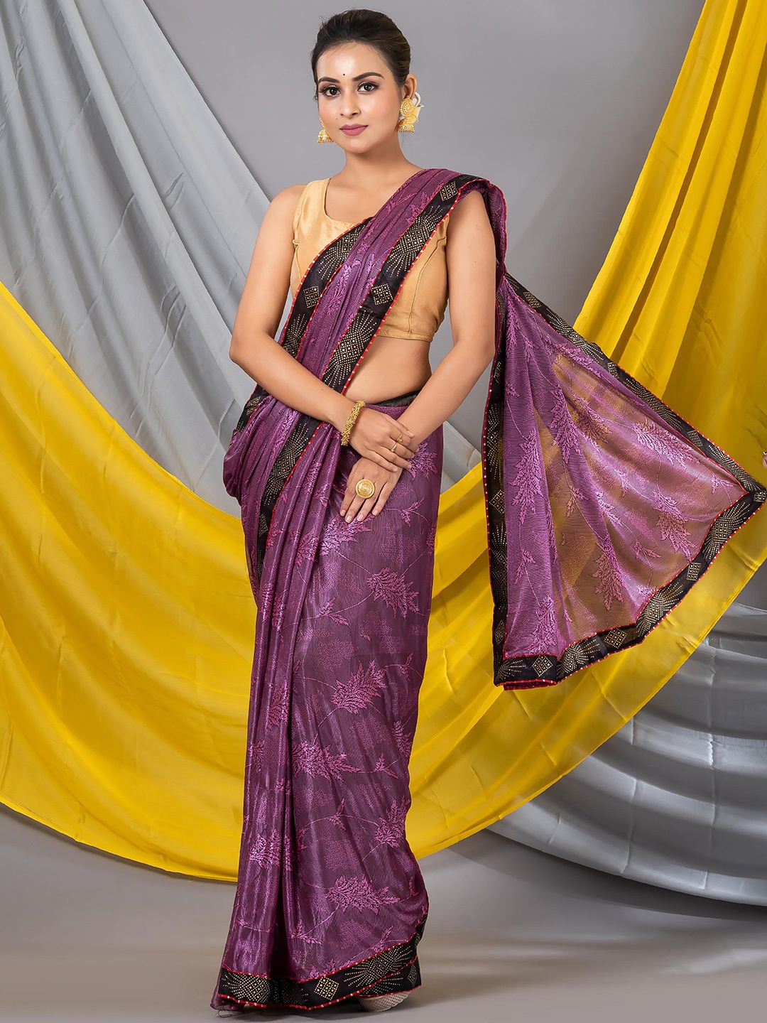 

MAHALASA Floral Printed Embroidered Embellished Saree, Magenta