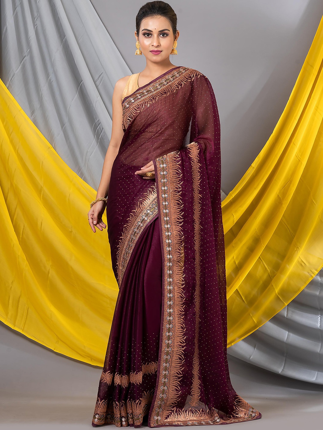

MAHALASA Polka Dots Embellished Embroidered Organza Saree, Magenta