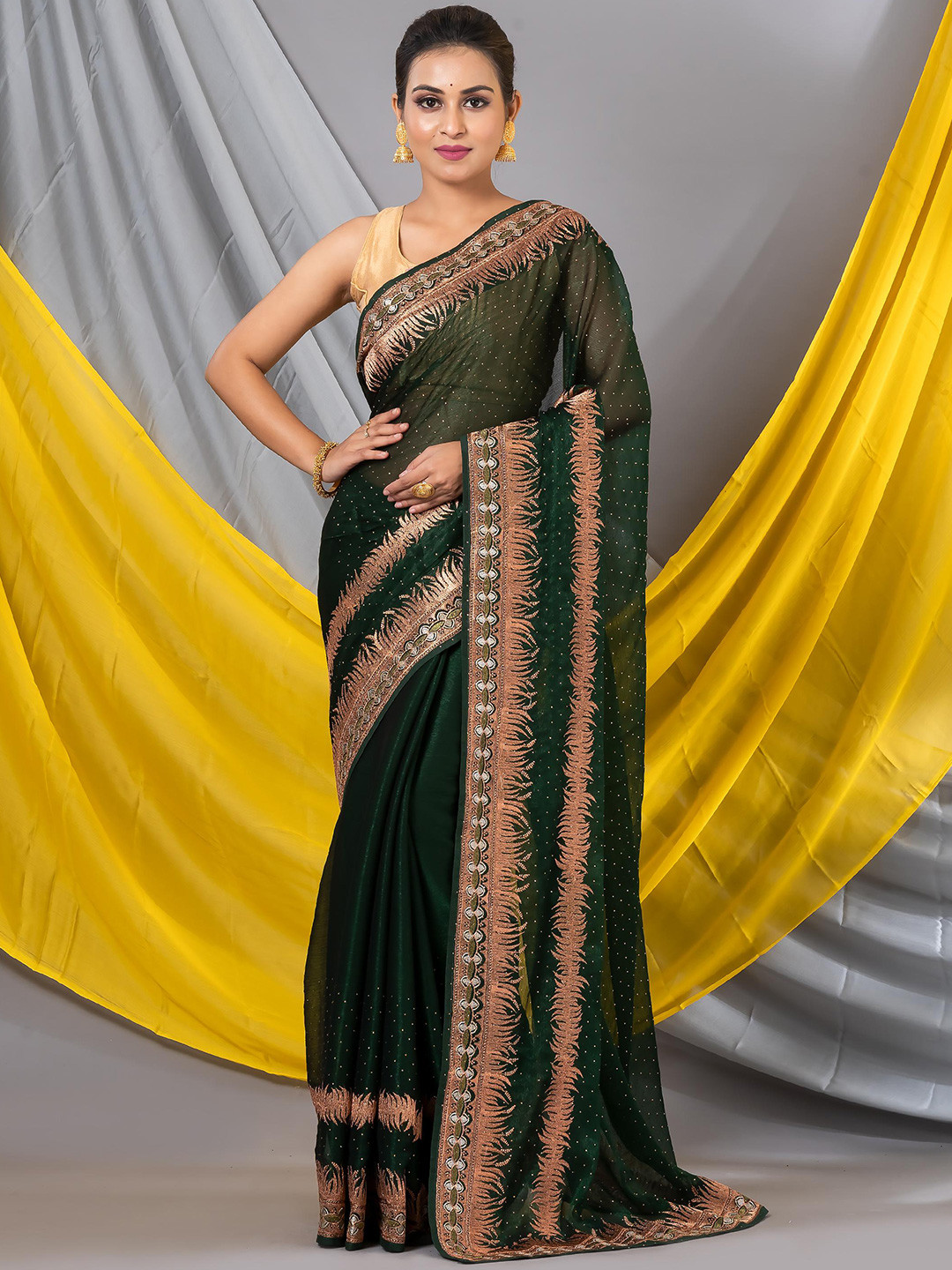 

MAHALASA Dotted Embellished Embroidered Organza Saree, Olive