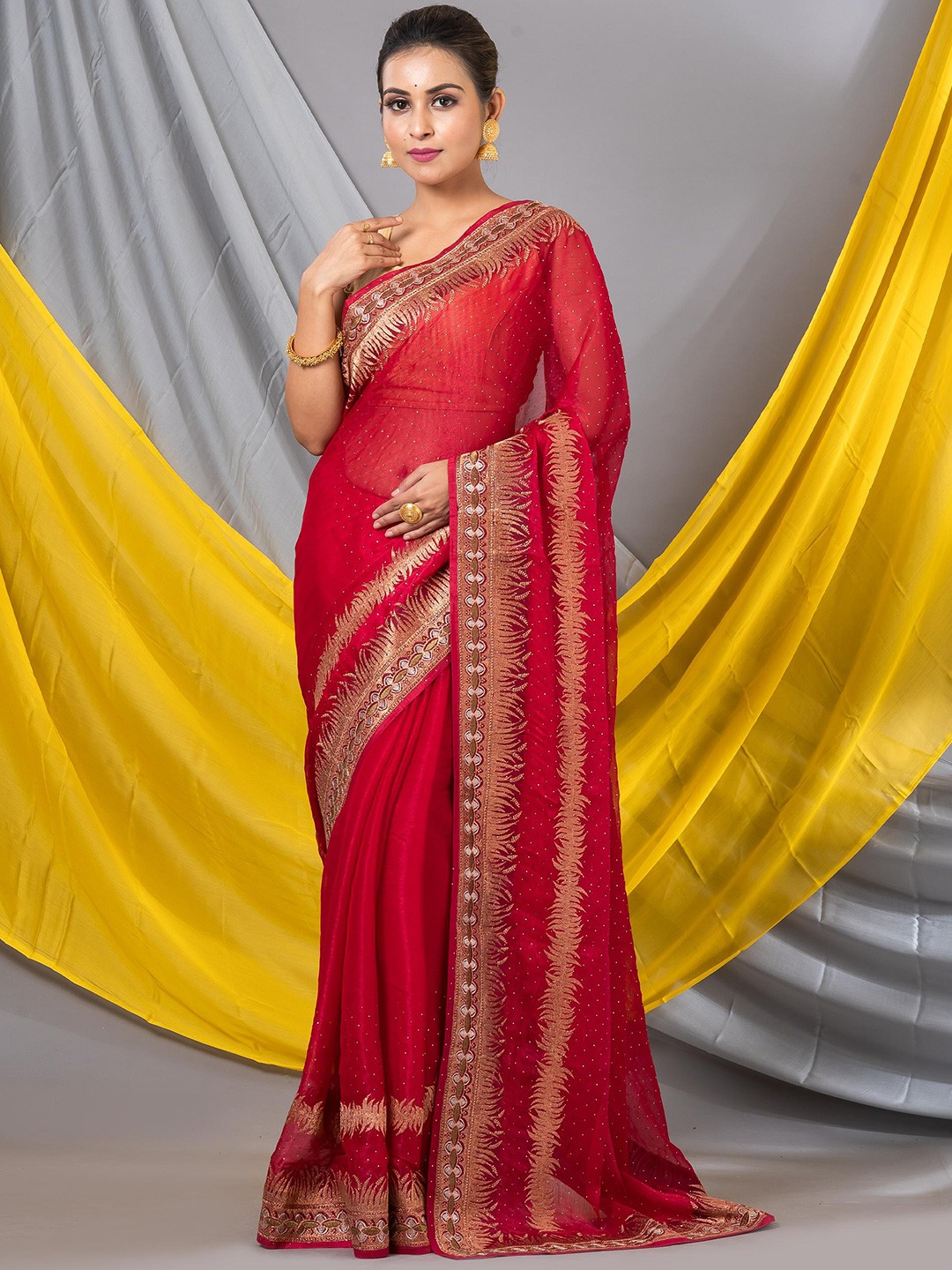 

MAHALASA Dotted Embellished Embroidered Organza Saree, Red