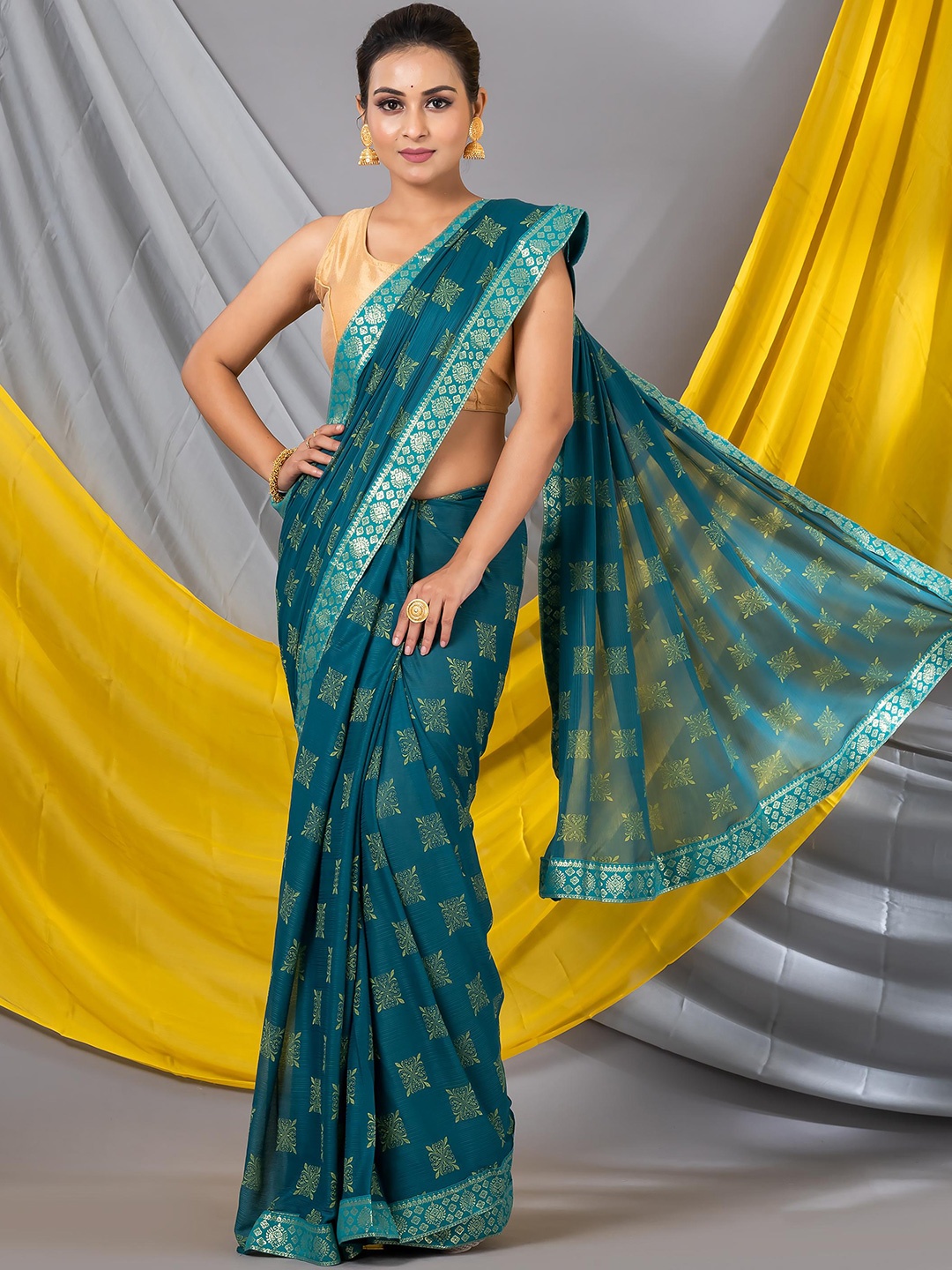 

MAHALASA Floral Printed Woven Design Zari Saree, Sea green