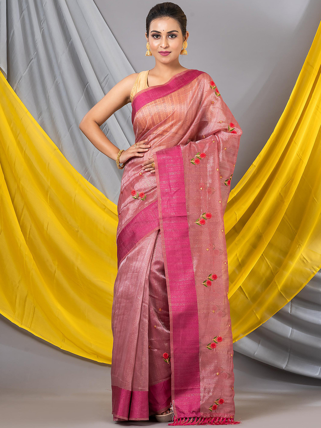 

MAHALASA Floral Embroidered Zari Pure Chiffon Saree, Magenta