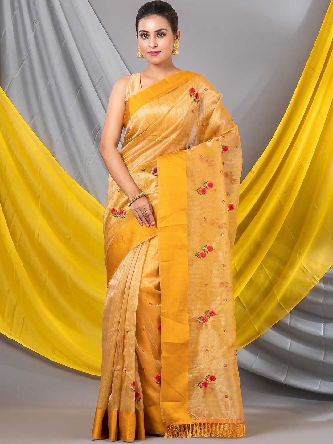

MAHALASA Embellished Floral Embroidered Pure Chiffon Saree, Gold