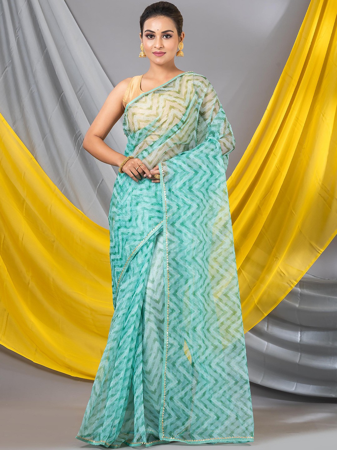 

MAHALASA Geometric Printed Embellished Tissue Saree, Sea green