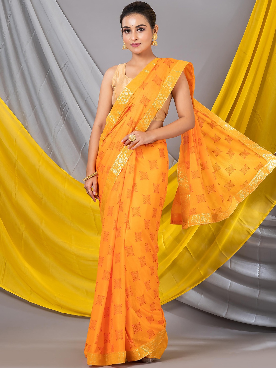 

MAHALASA Floral Printed Chiffon Saree, Yellow