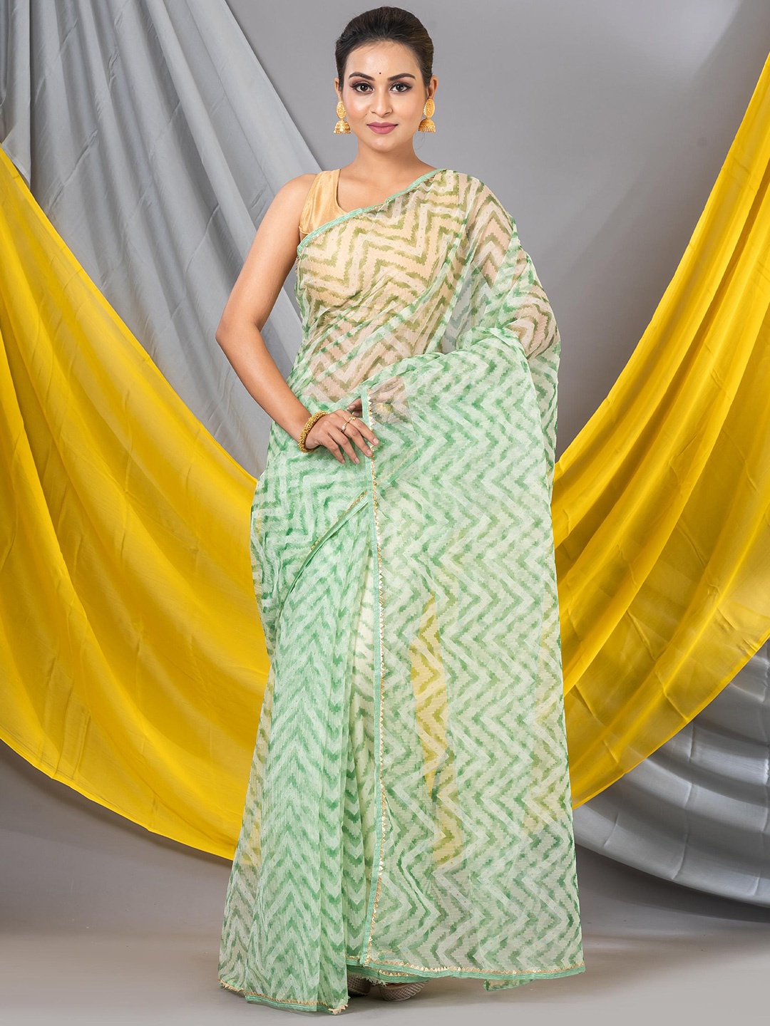 

MAHALASA Geometric Printed Embellished Tissue Saree, Lime green