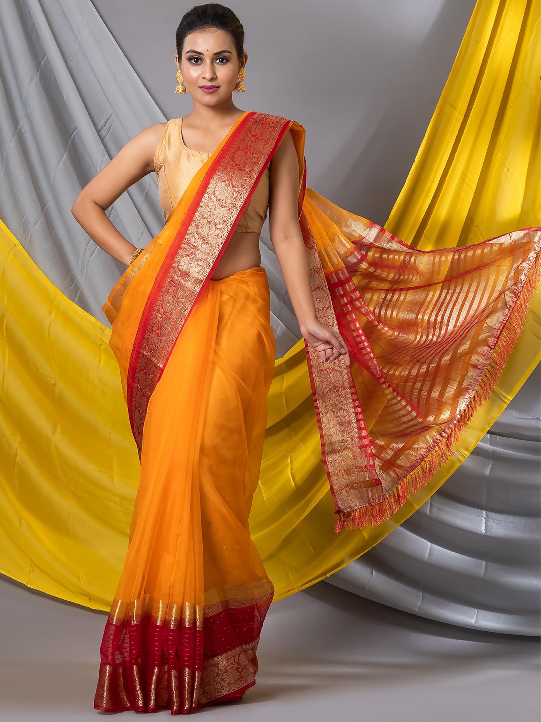 

MAHALASA Embellished Embroidered Organza Designer Saree, Yellow