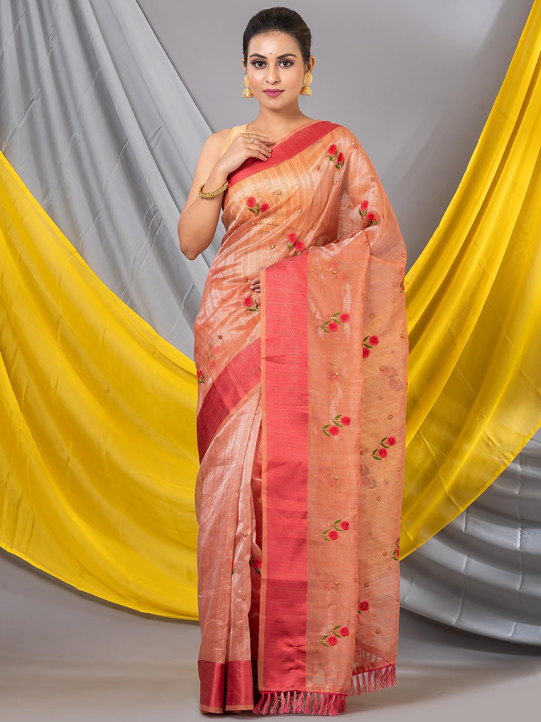 

MAHALASA Embellished Embroidered Pure Chiffon Saree, Orange