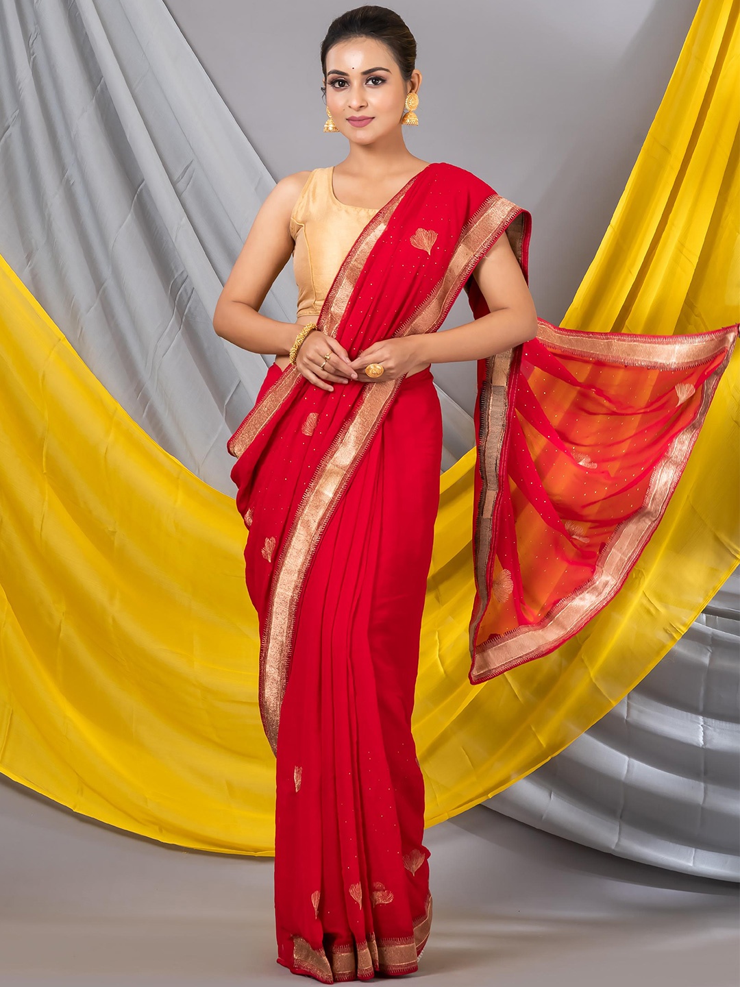 

MAHALASA Embellished Embroidered Pure Georgette Saree, Red