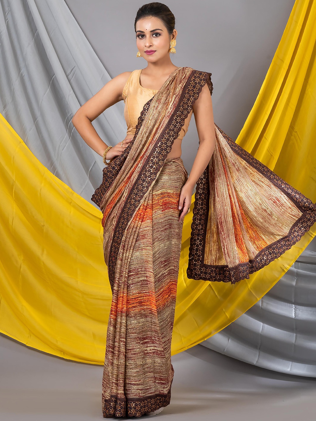MAHALASA Embellished Embroidered Silk Saree, Brown