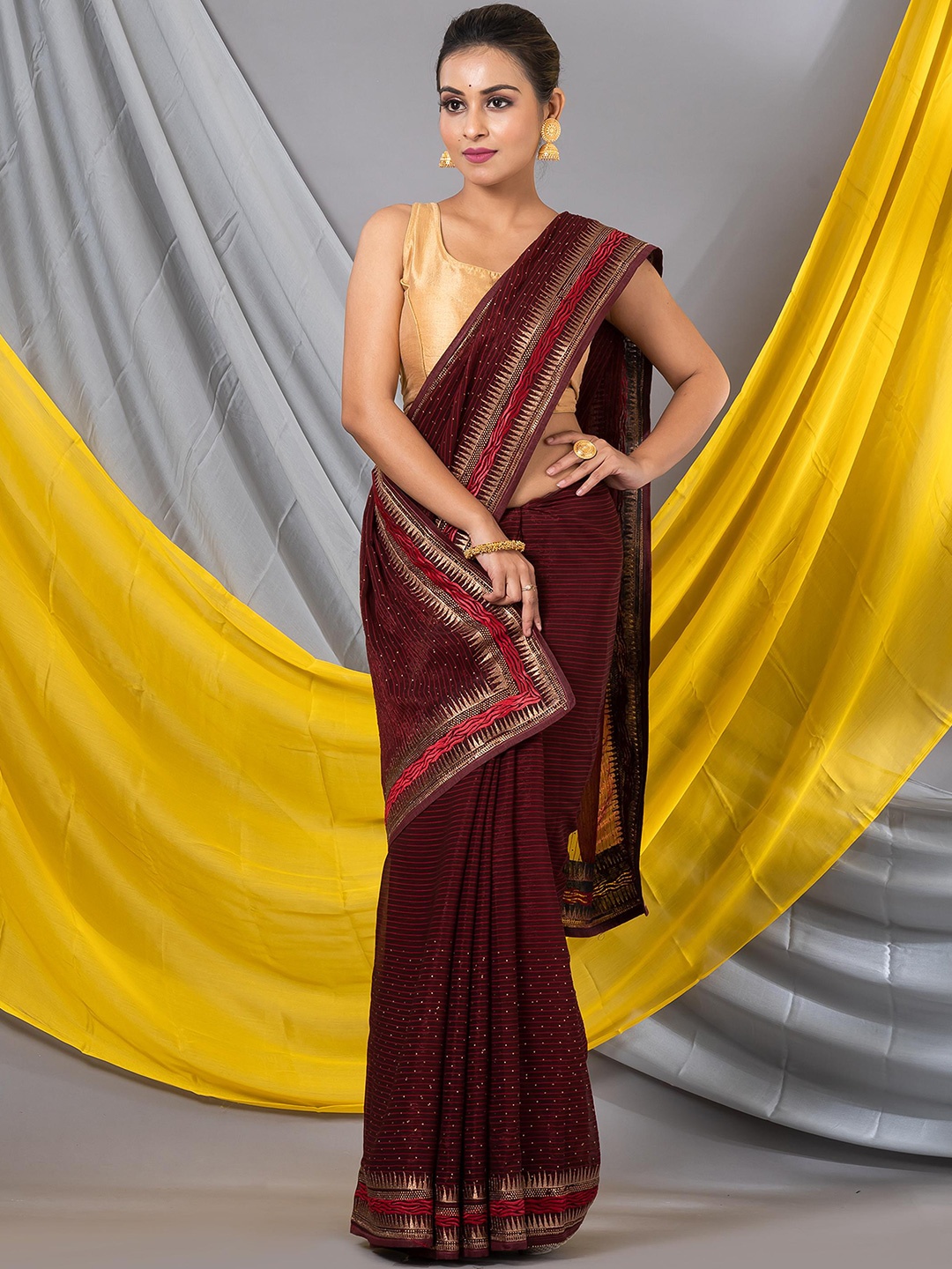

MAHALASA Embellished Embroidered Organza Saree, Maroon