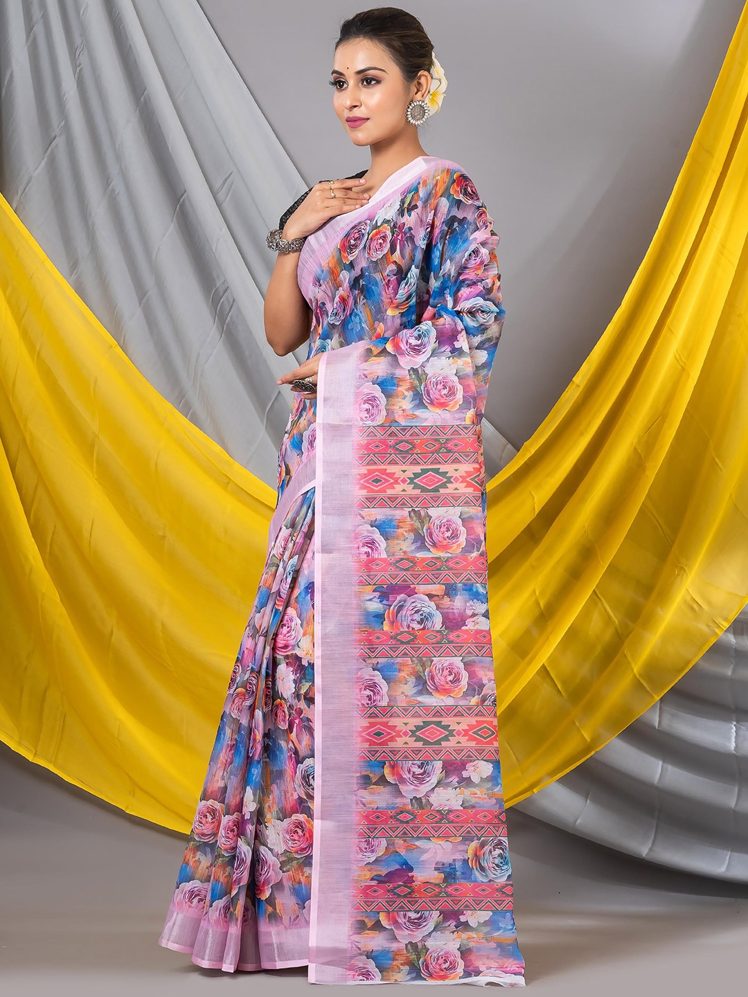 

MAHALASA Floral Printed Linen Designer Saree, Blue