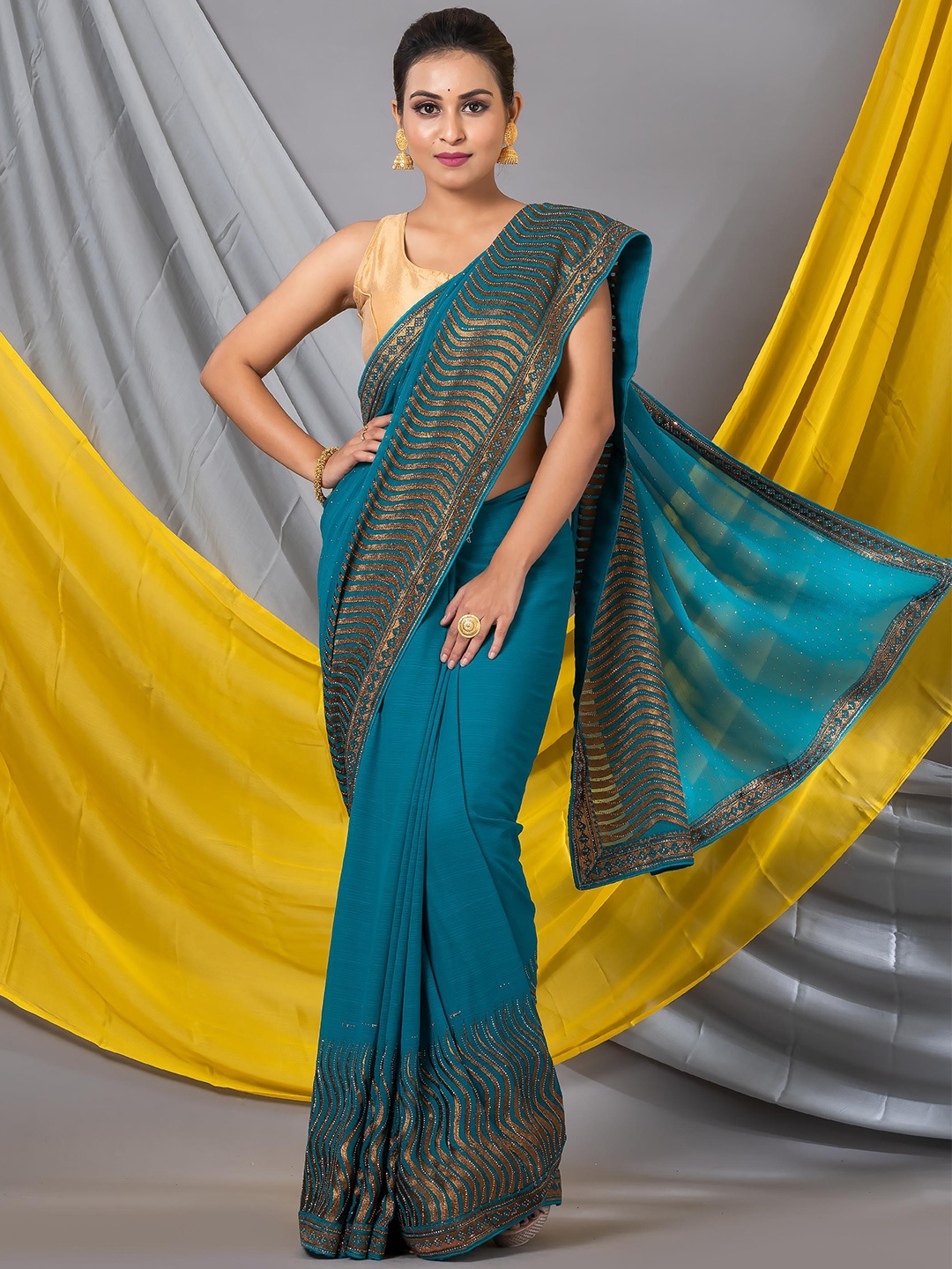 

MAHALASA Embellished Embroidered Pure Georgette Saree, Turquoise blue