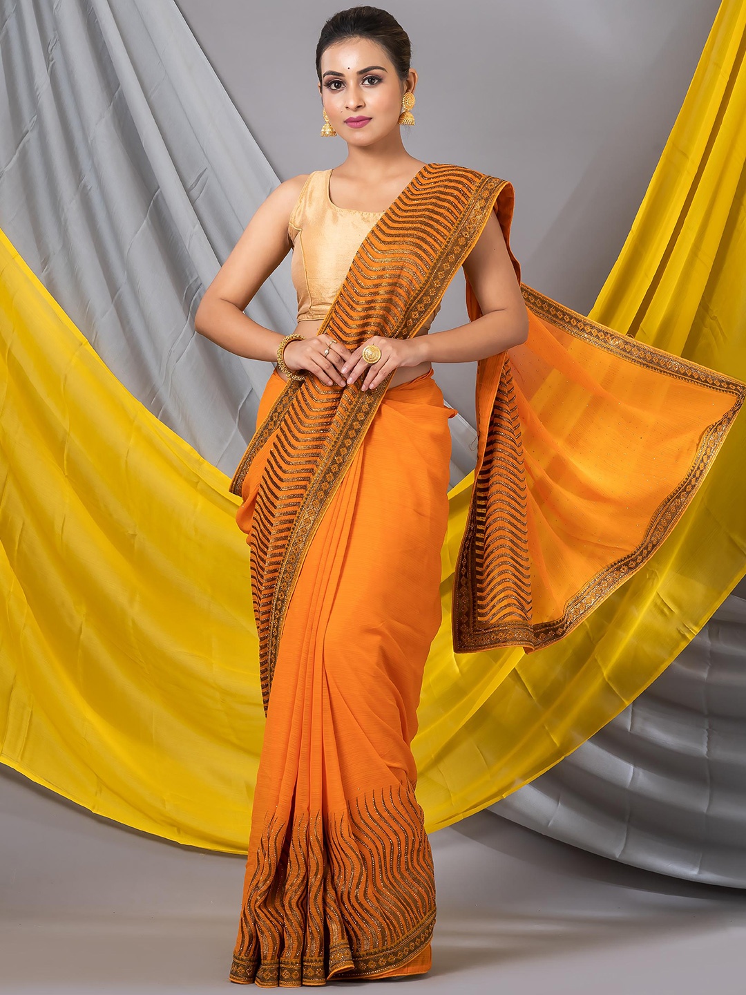 

MAHALASA Embellished Embroidered Pure Georgette Saree, Yellow