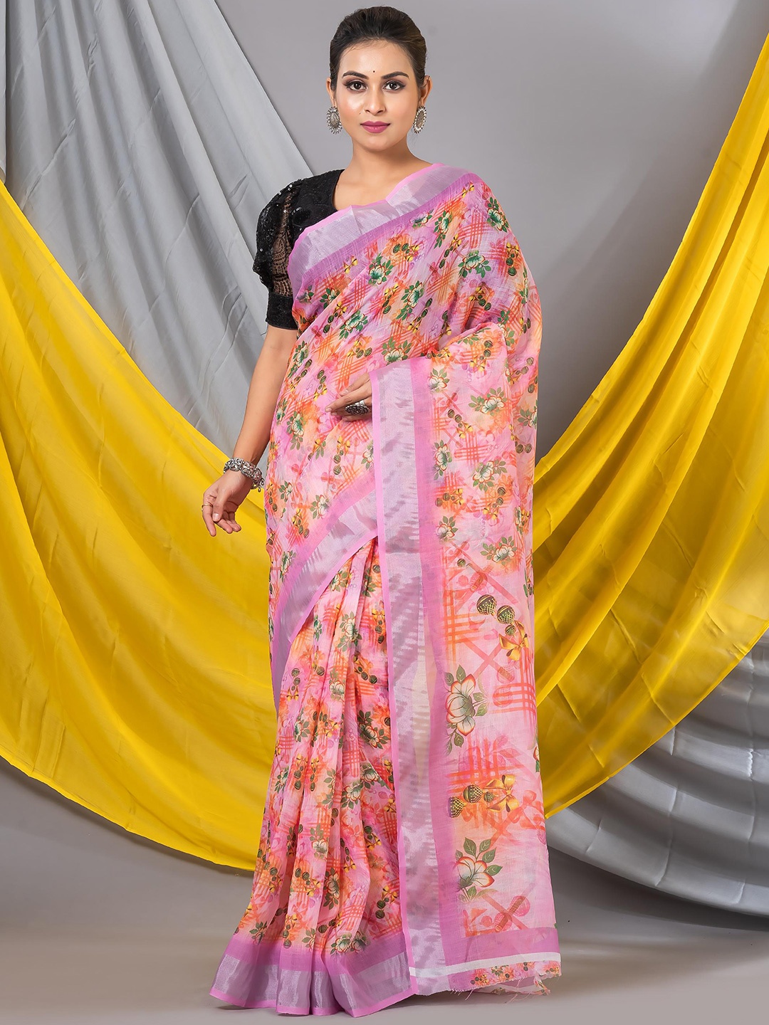 

MAHALASA Floral Linen Designer Saree, Orange