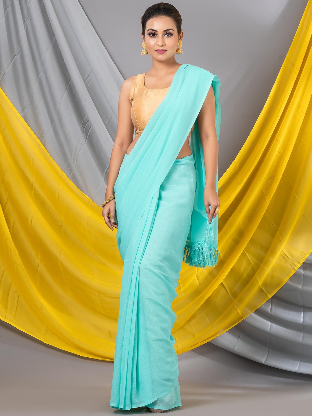 

MAHALASA Striped Saree With Unstitched Embroidered Blouse, Teal