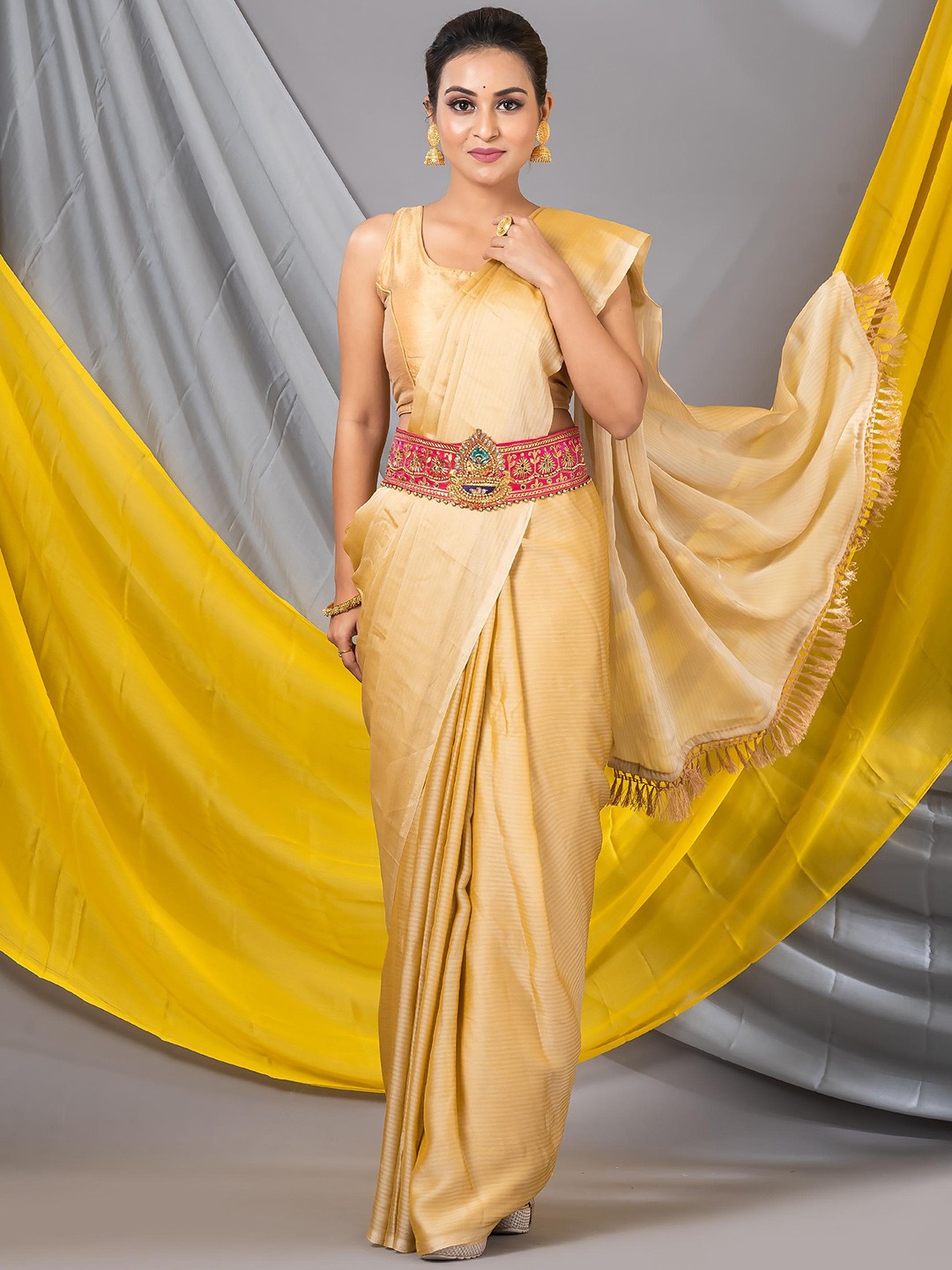 

MAHALASA Striped Embellished Saree, Beige