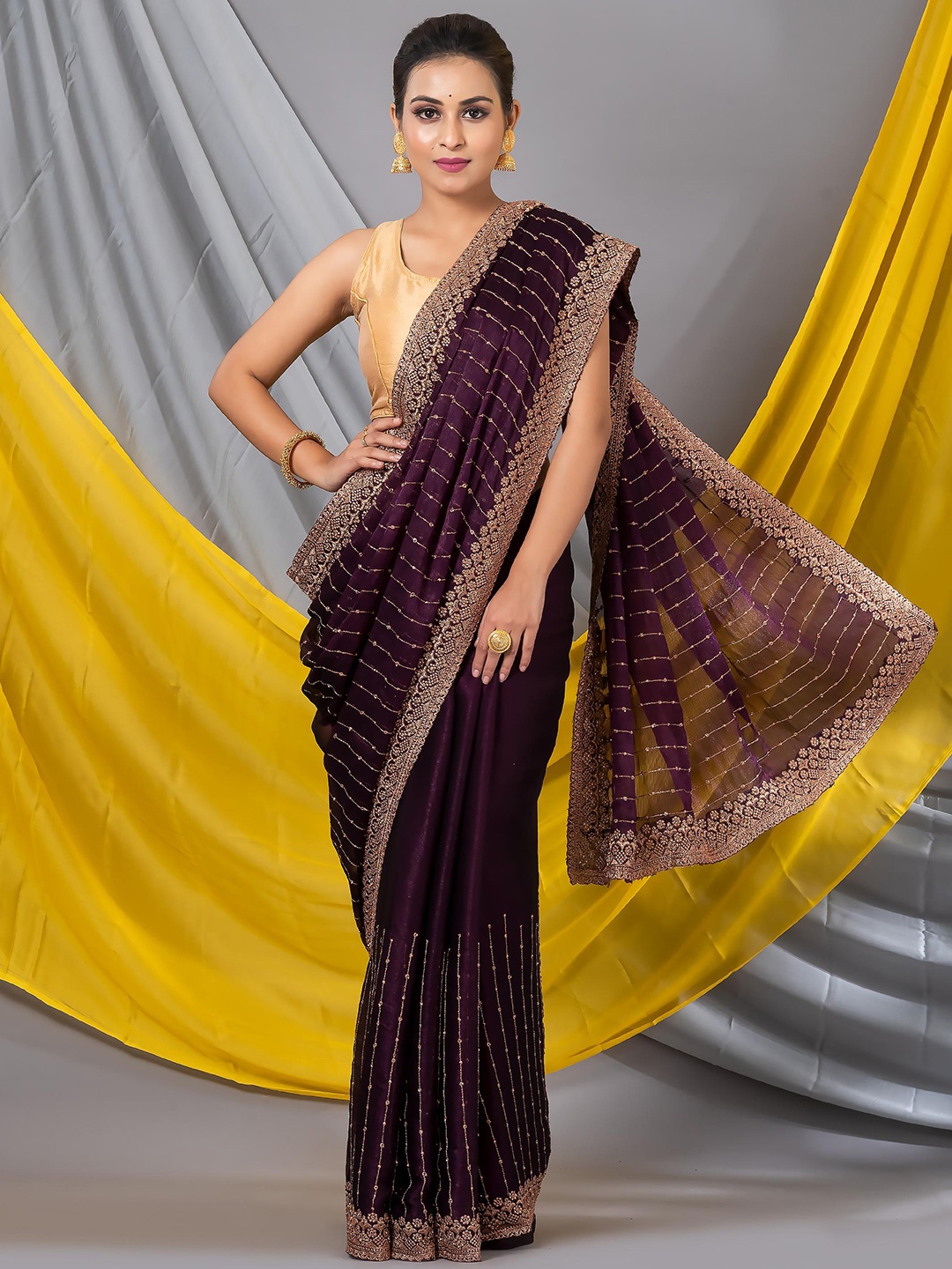 

MAHALASA Embroidered Embellished Organza Saree, Magenta
