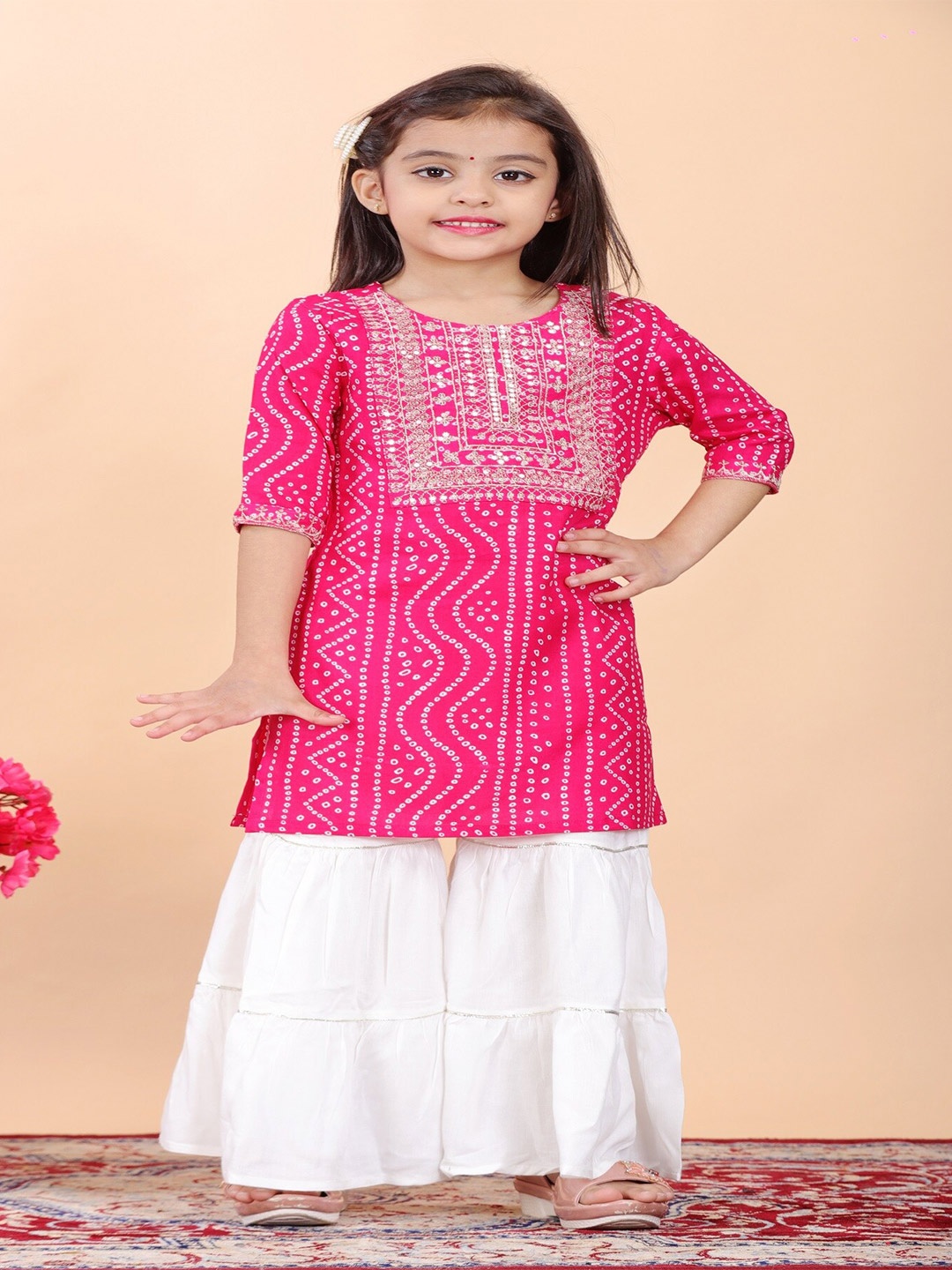 

BAESD Girls Bandhani Sequinned Round Neck kurta sharara Set, Pink