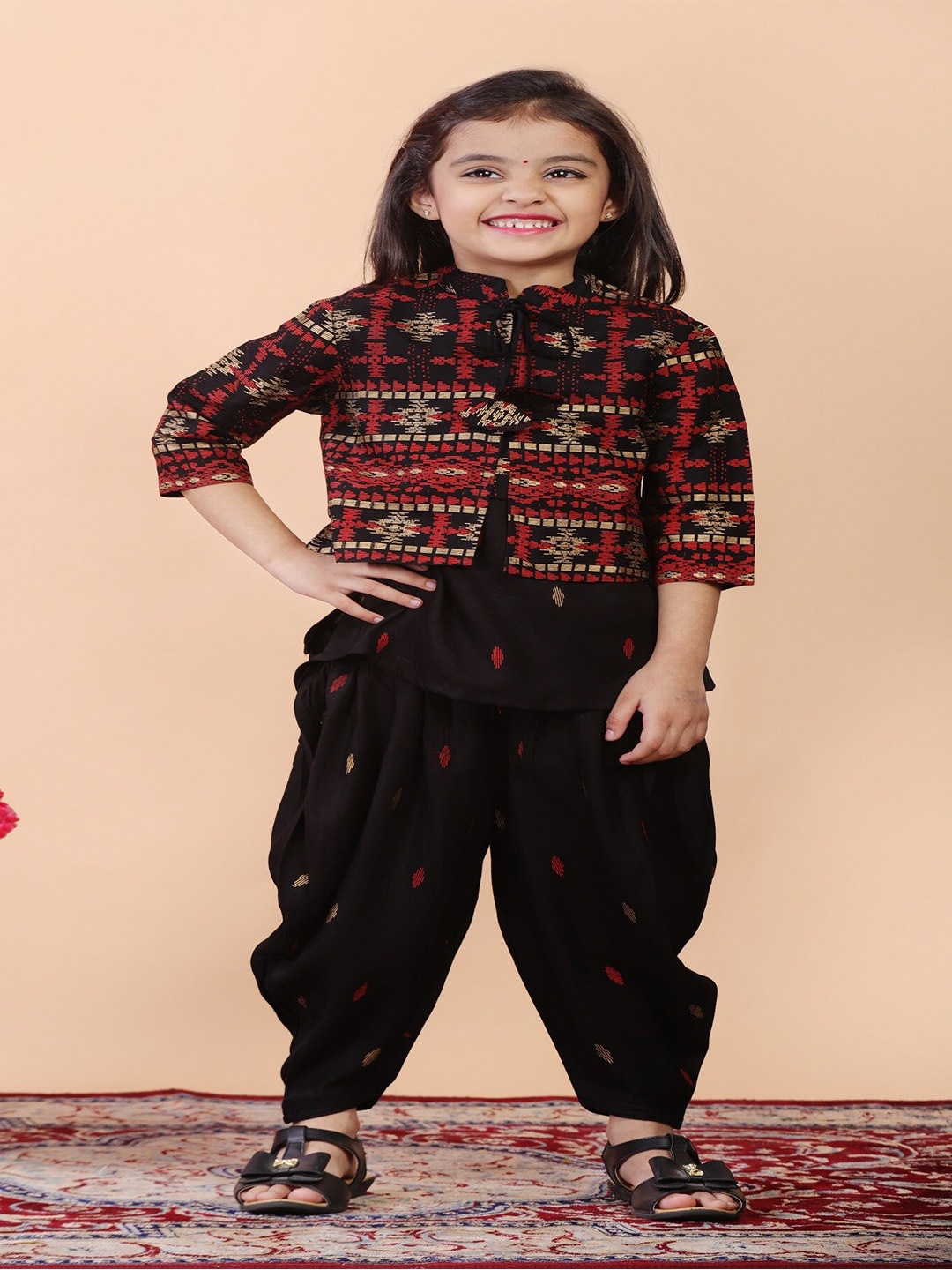 

BAESD Girls Thread Work kurta dhoti jacket set, Black