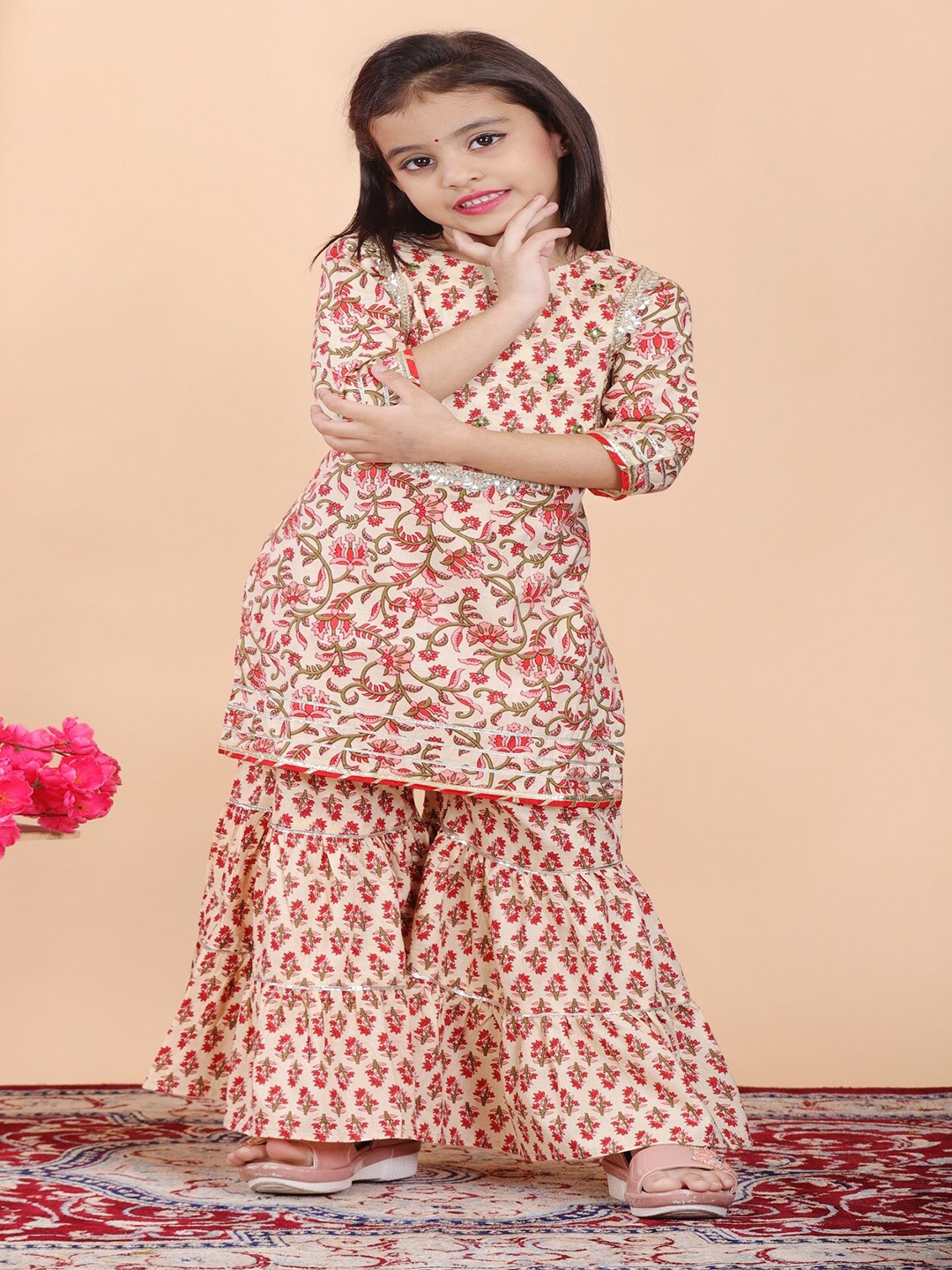 

BAESD Girls Floral Gotta Patti Pure Cotton Kurta Sharara Set, Beige